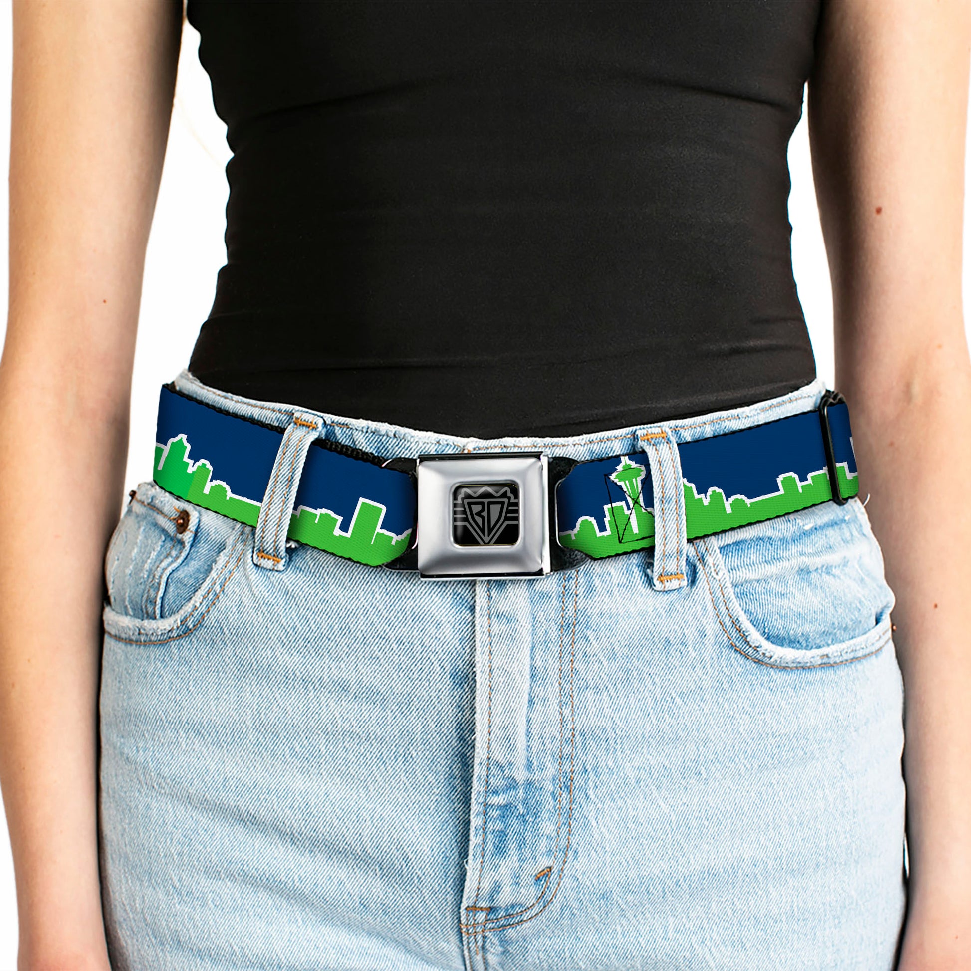 BD Wings Logo CLOSE-UP Full Color Black Silver Seatbelt Belt - Seattle Skyline Navy/Bright Green Webbing Seatbelt Belts Buckle-Down