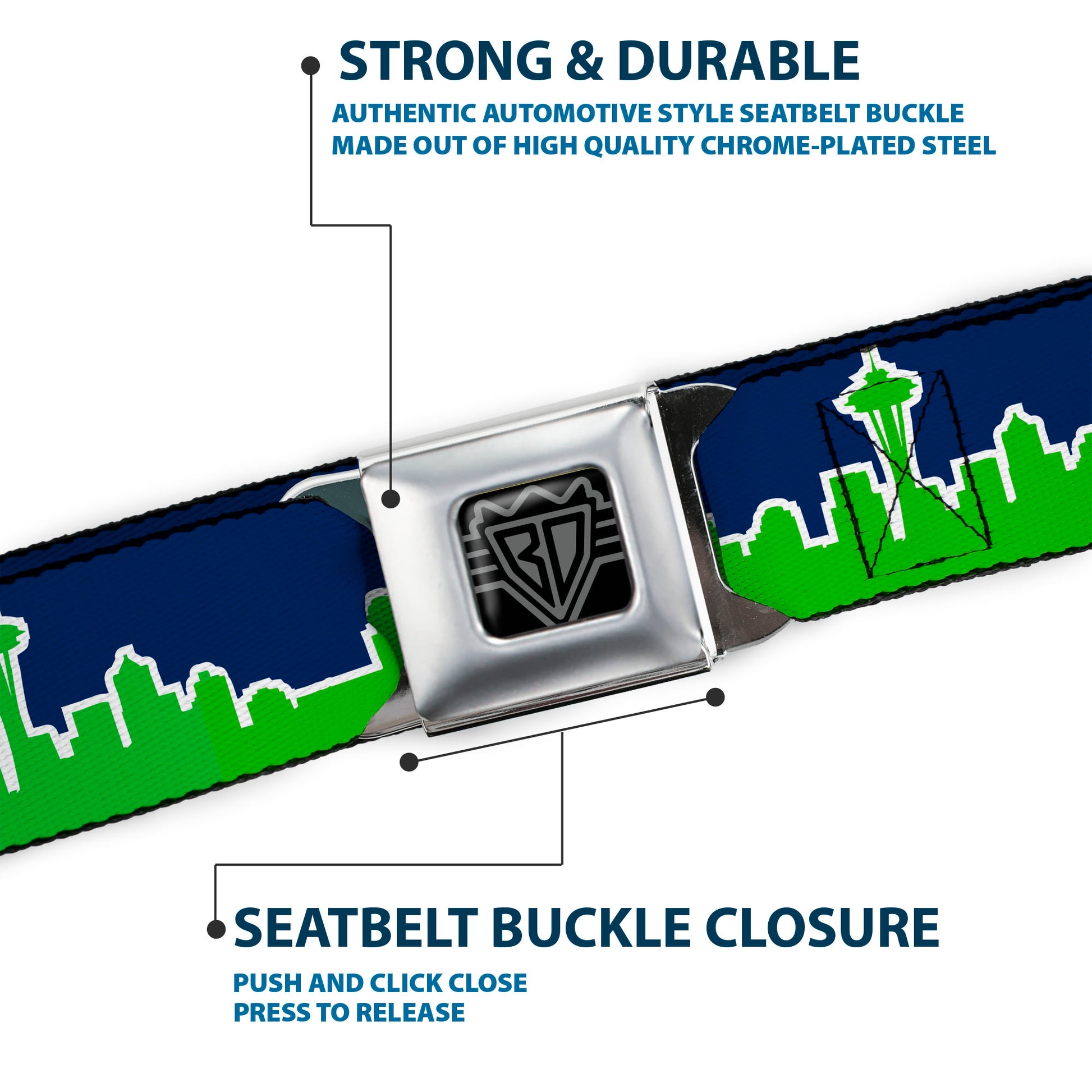 BD Wings Logo CLOSE-UP Full Color Black Silver Seatbelt Belt - Seattle Skyline Navy/Bright Green Webbing Seatbelt Belts Buckle-Down