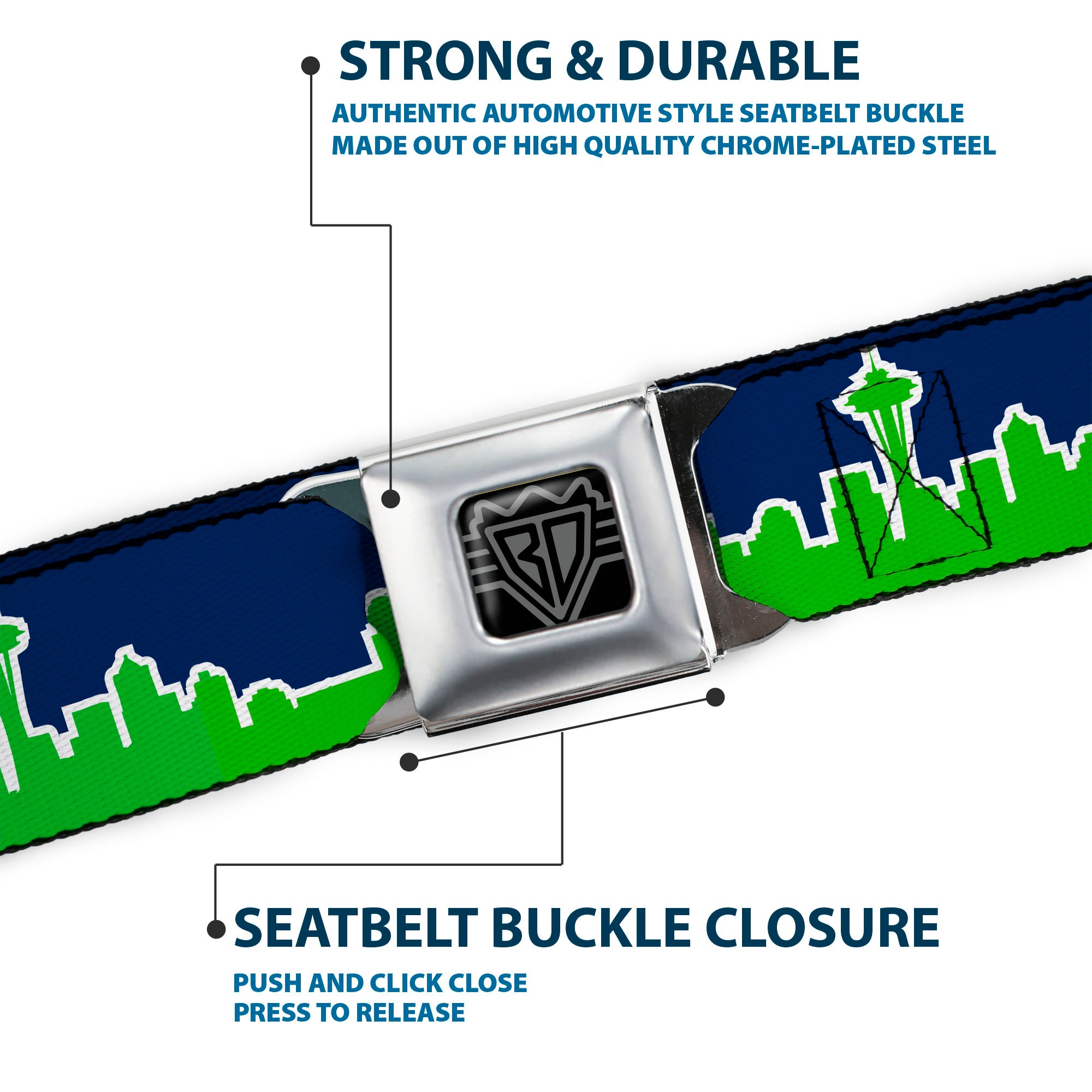 BD Wings Logo CLOSE-UP Full Color Black Silver Seatbelt Belt - Seattle Skyline Navy/Bright Green Webbing Seatbelt Belts Buckle-Down