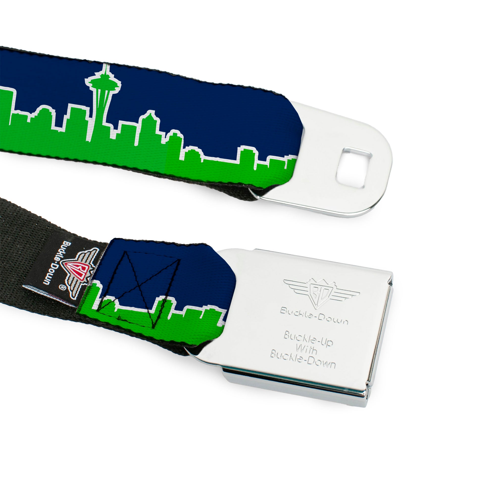 BD Wings Logo CLOSE-UP Full Color Black Silver Seatbelt Belt - Seattle Skyline Navy/Bright Green Webbing Seatbelt Belts Buckle-Down
