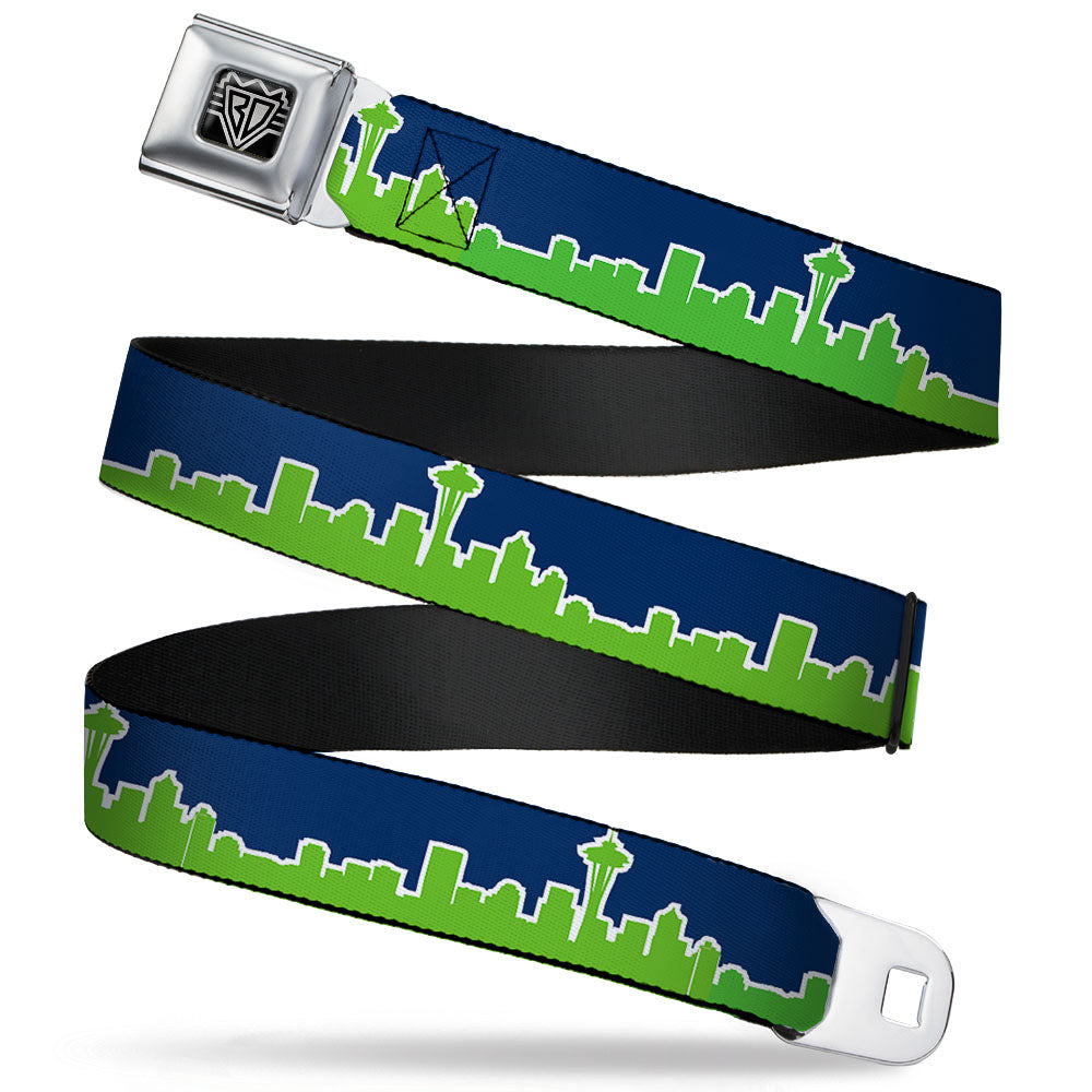 BD Wings Logo CLOSE-UP Full Color Black Silver Seatbelt Belt - Seattle Skyline Navy/Bright Green Webbing Seatbelt Belts Buckle-Down