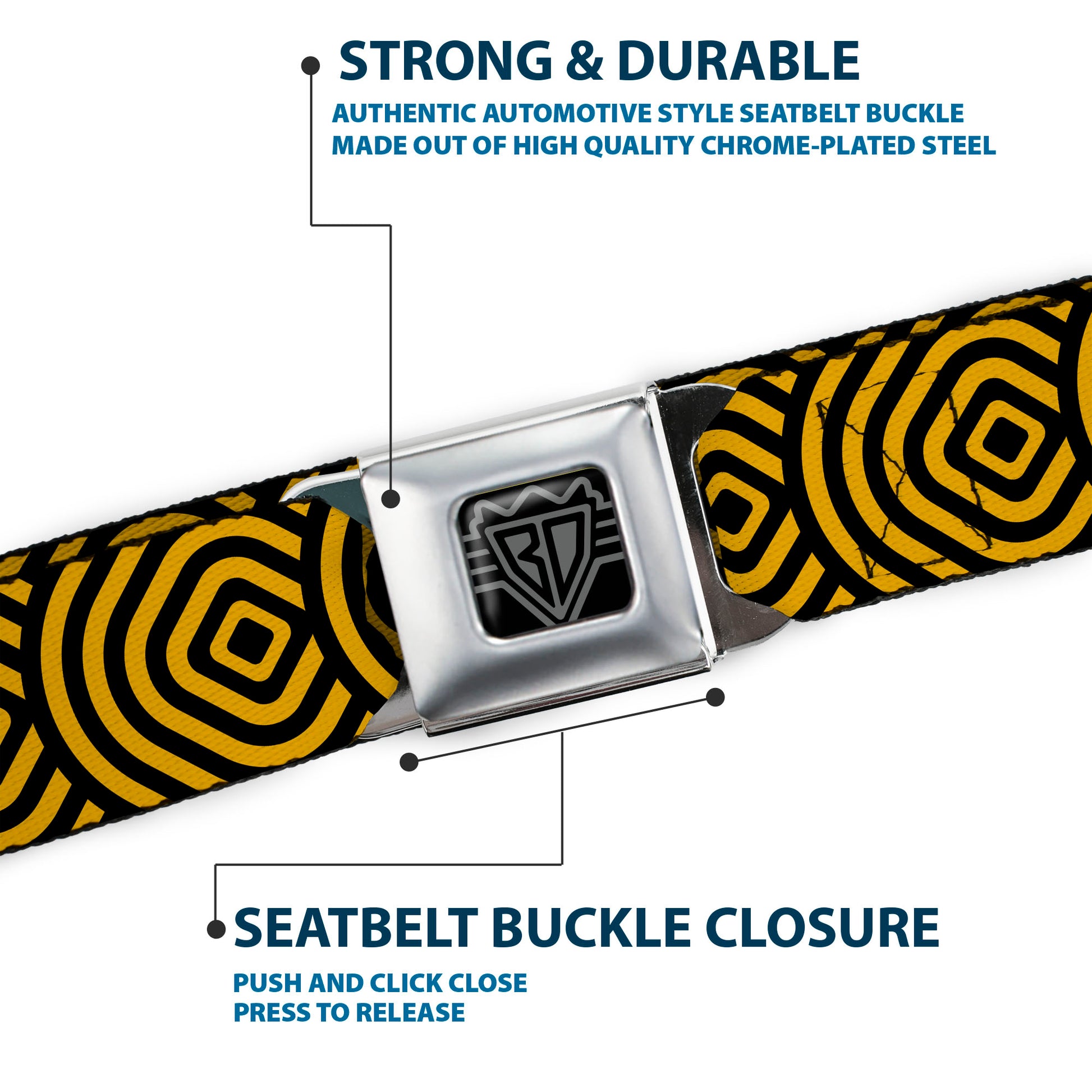 BD Wings Logo CLOSE-UP Full Color Black Silver Seatbelt Belt - Square Target Gold/Black Webbing Seatbelt Belts Buckle-Down