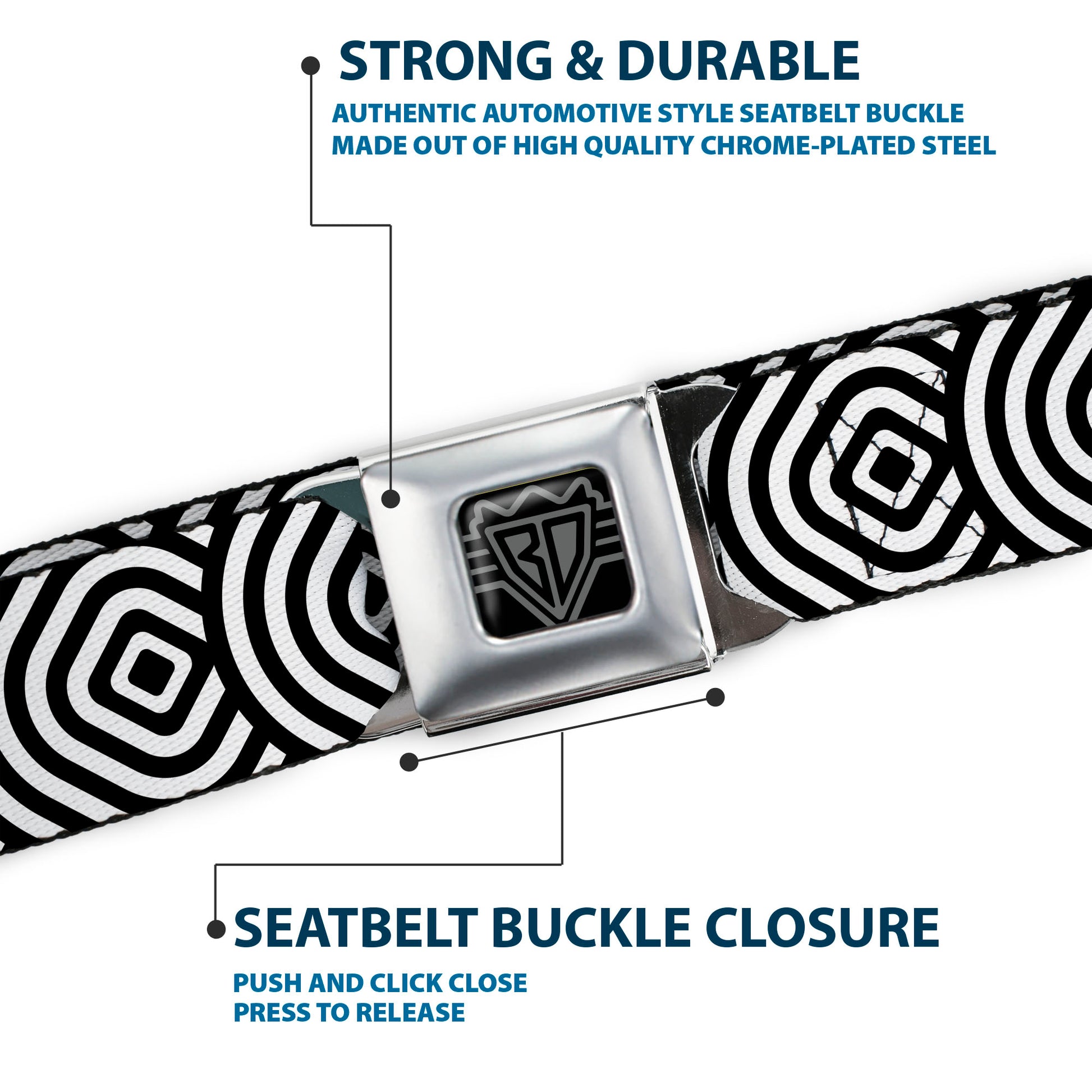 BD Wings Logo CLOSE-UP Full Color Black Silver Seatbelt Belt - Square Target White/Black Webbing Seatbelt Belts Buckle-Down