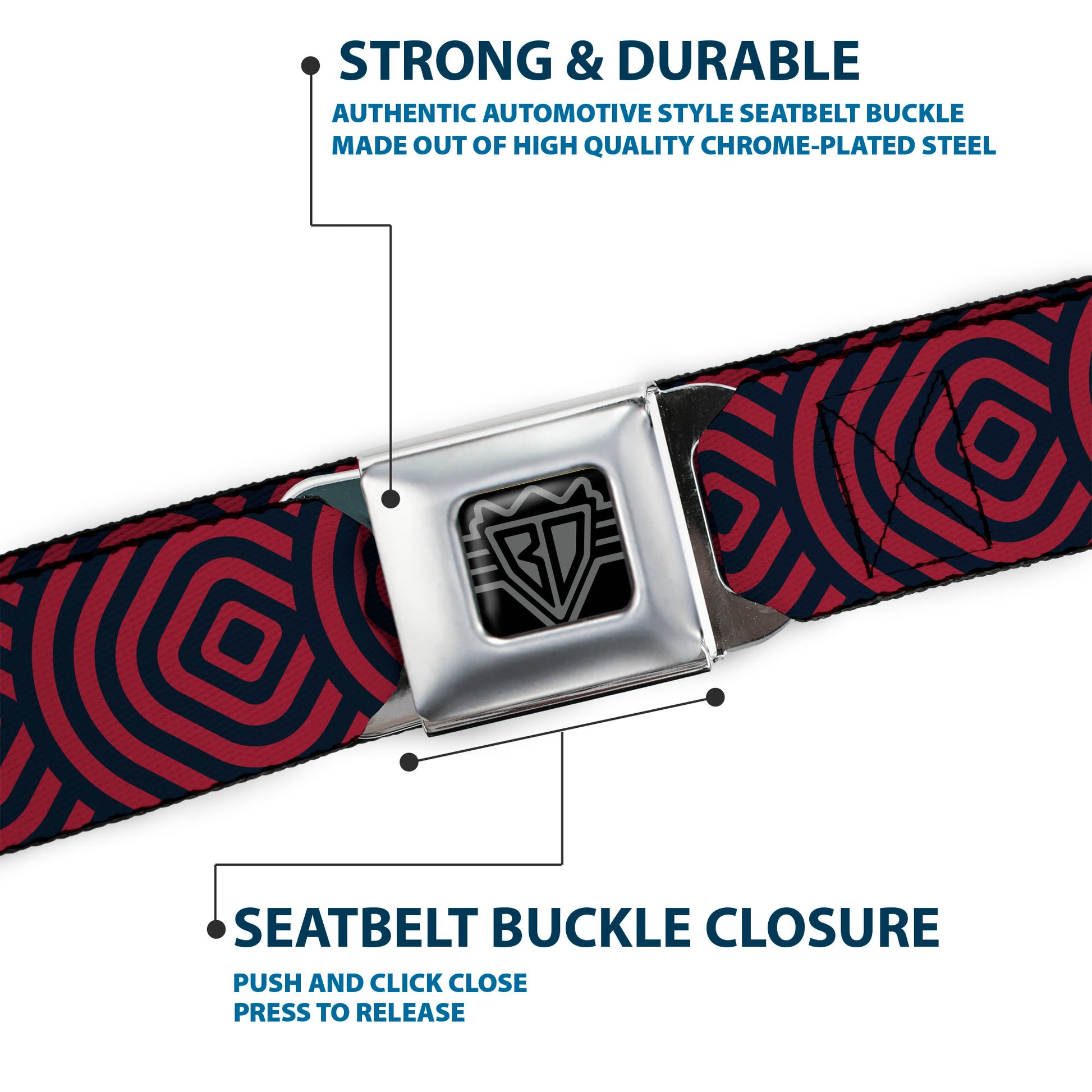 BD Wings Logo CLOSE-UP Full Color Black Silver Seatbelt Belt - Square Target Red/Navy Webbing Seatbelt Belts Buckle-Down