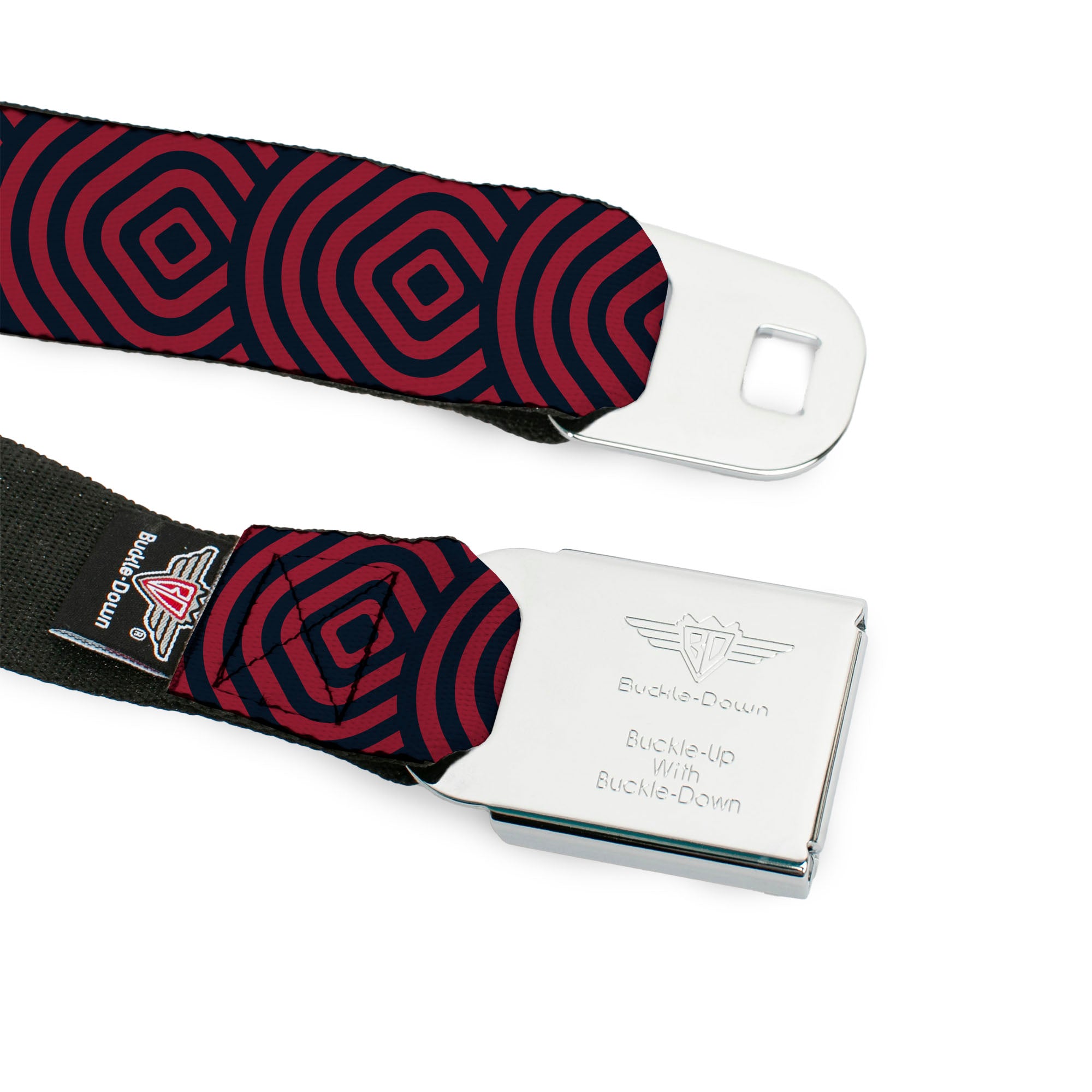 BD Wings Logo CLOSE-UP Full Color Black Silver Seatbelt Belt - Square Target Red/Navy Webbing Seatbelt Belts Buckle-Down
