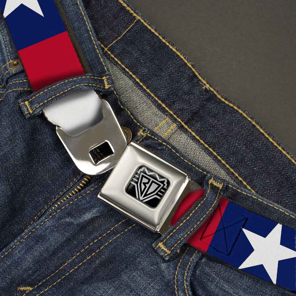 BD Wings Logo CLOSE-UP Full Color Black Silver Seatbelt Belt - Stars & Stripes Ribbon Red/Blue/White Webbing Seatbelt Belts Buckle-Down