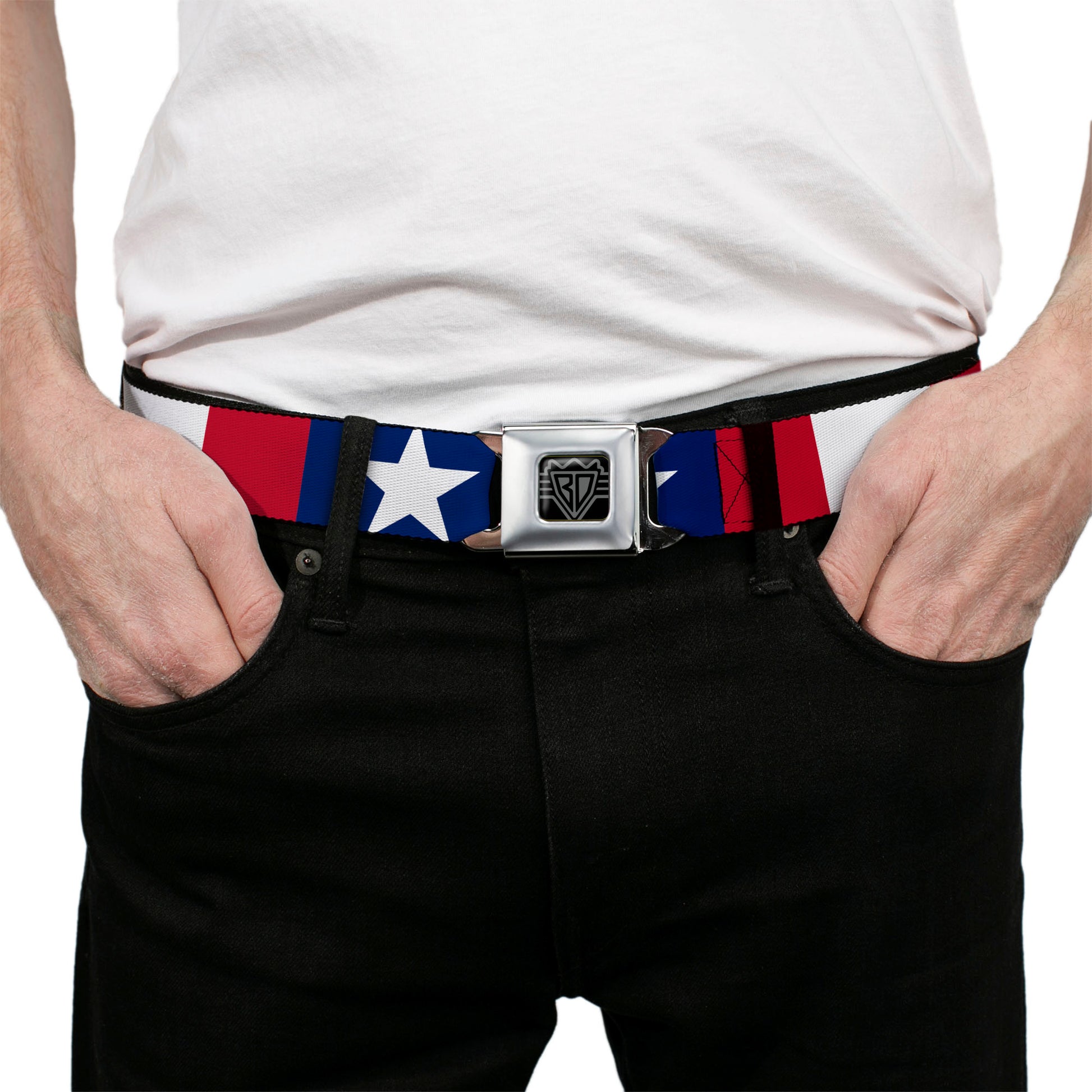 BD Wings Logo CLOSE-UP Full Color Black Silver Seatbelt Belt - Stars & Stripes Ribbon Red/Blue/White Webbing Seatbelt Belts Buckle-Down