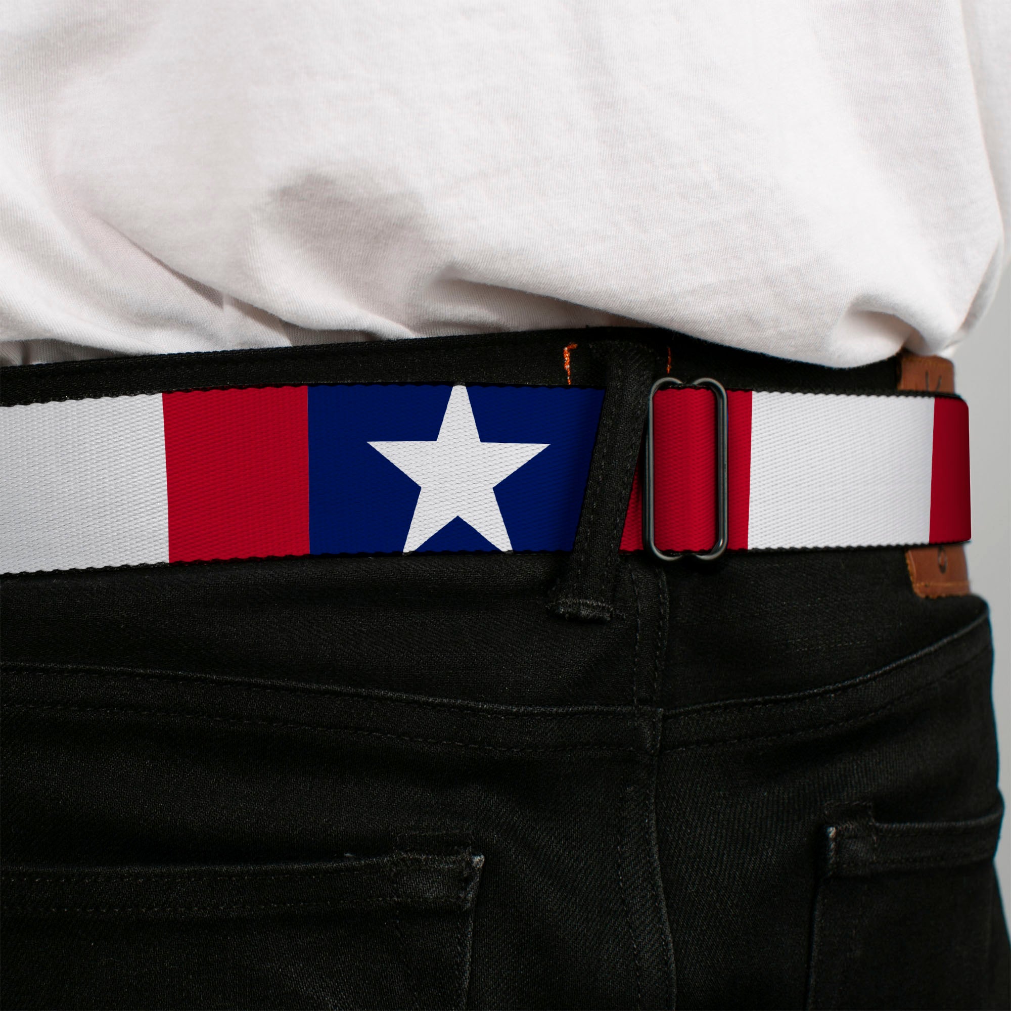 BD Wings Logo CLOSE-UP Full Color Black Silver Seatbelt Belt - Stars & Stripes Ribbon Red/Blue/White Webbing Seatbelt Belts Buckle-Down