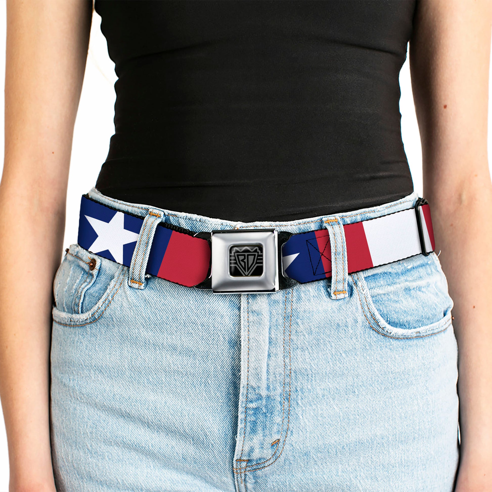 BD Wings Logo CLOSE-UP Full Color Black Silver Seatbelt Belt - Stars & Stripes Ribbon Red/Blue/White Webbing Seatbelt Belts Buckle-Down