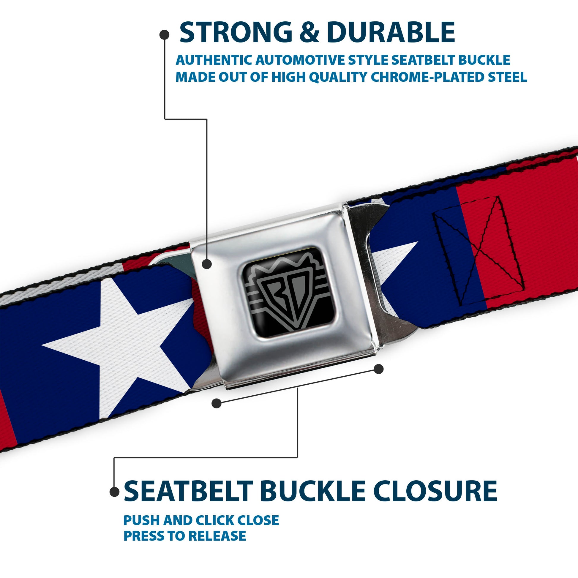 BD Wings Logo CLOSE-UP Full Color Black Silver Seatbelt Belt - Stars & Stripes Ribbon Red/Blue/White Webbing Seatbelt Belts Buckle-Down