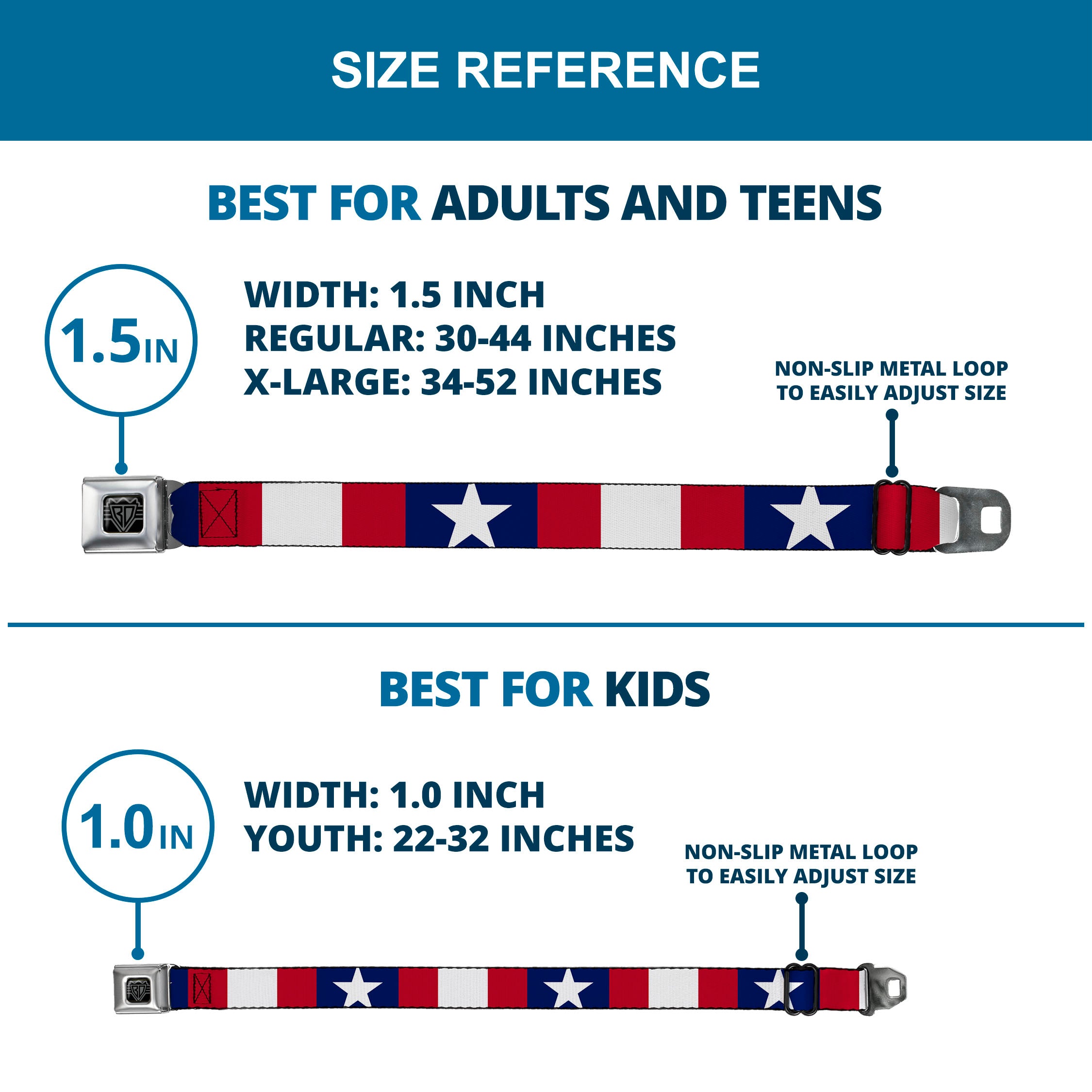 BD Wings Logo CLOSE-UP Full Color Black Silver Seatbelt Belt - Stars & Stripes Ribbon Red/Blue/White Webbing Seatbelt Belts Buckle-Down