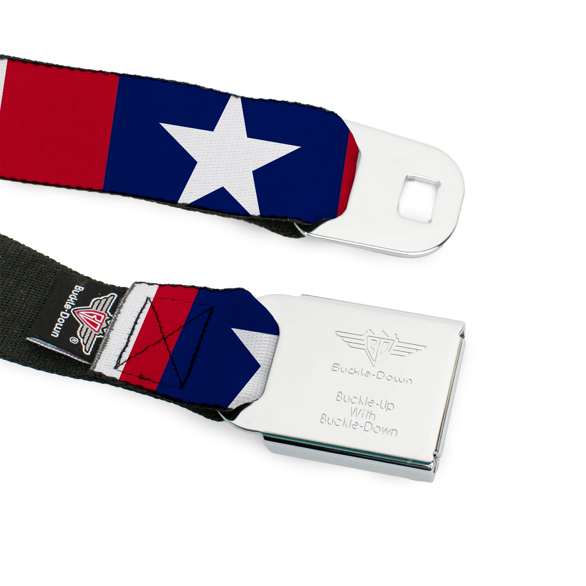 BD Wings Logo CLOSE-UP Full Color Black Silver Seatbelt Belt - Stars & Stripes Ribbon Red/Blue/White Webbing Seatbelt Belts Buckle-Down
