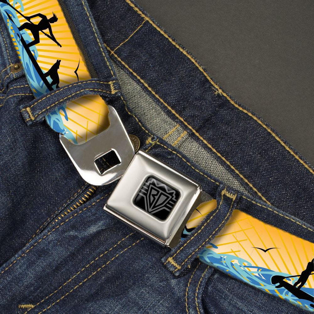 BD Wings Logo CLOSE-UP Black/Silver Seatbelt Belt - SUP w/Dog Yellows/Blues/Black Webbing Seatbelt Belts Buckle-Down