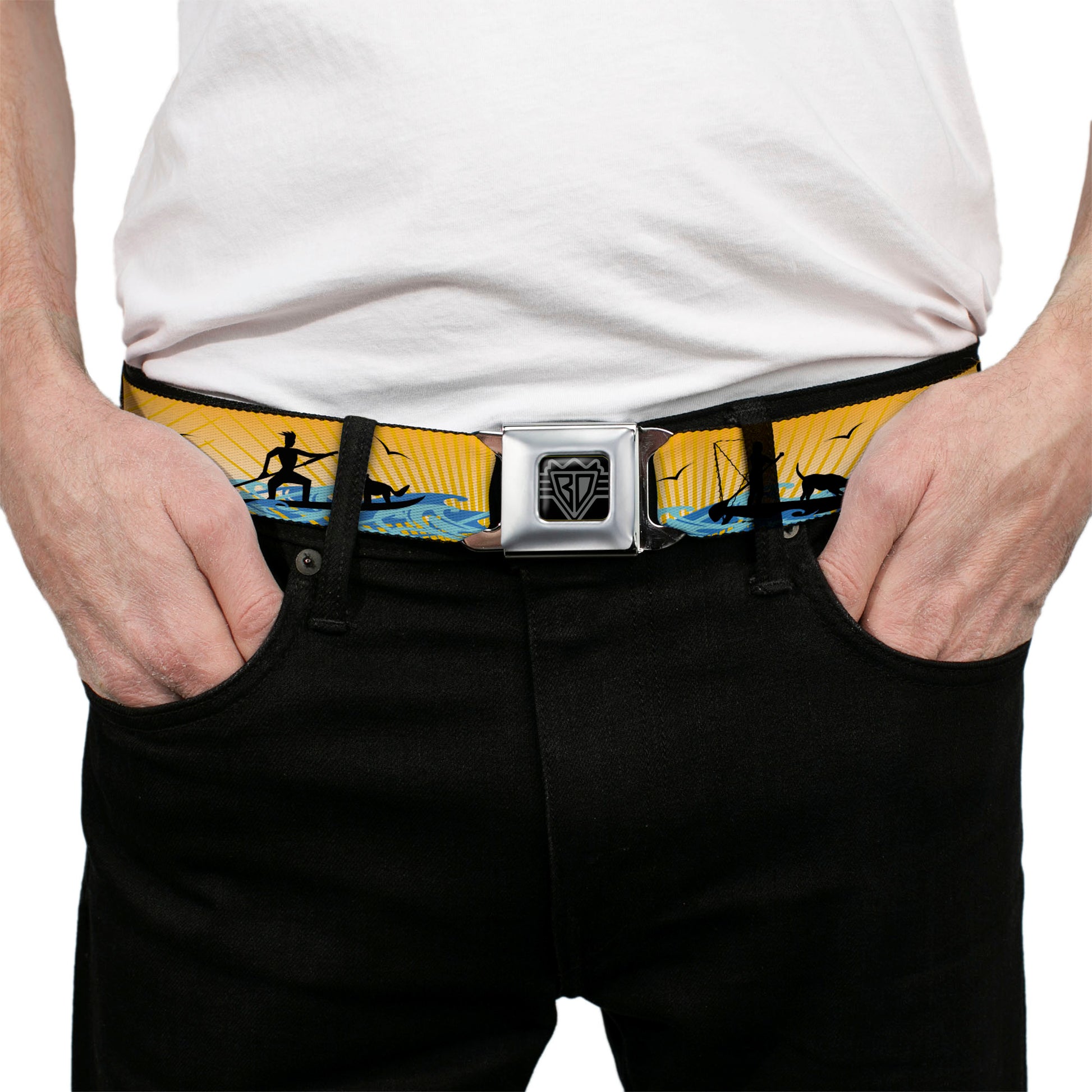 BD Wings Logo CLOSE-UP Black/Silver Seatbelt Belt - SUP w/Dog Yellows/Blues/Black Webbing Seatbelt Belts Buckle-Down