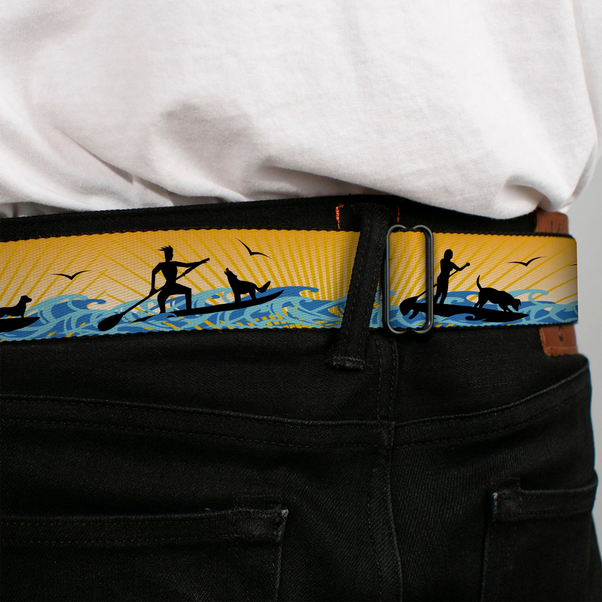 BD Wings Logo CLOSE-UP Black/Silver Seatbelt Belt - SUP w/Dog Yellows/Blues/Black Webbing Seatbelt Belts Buckle-Down