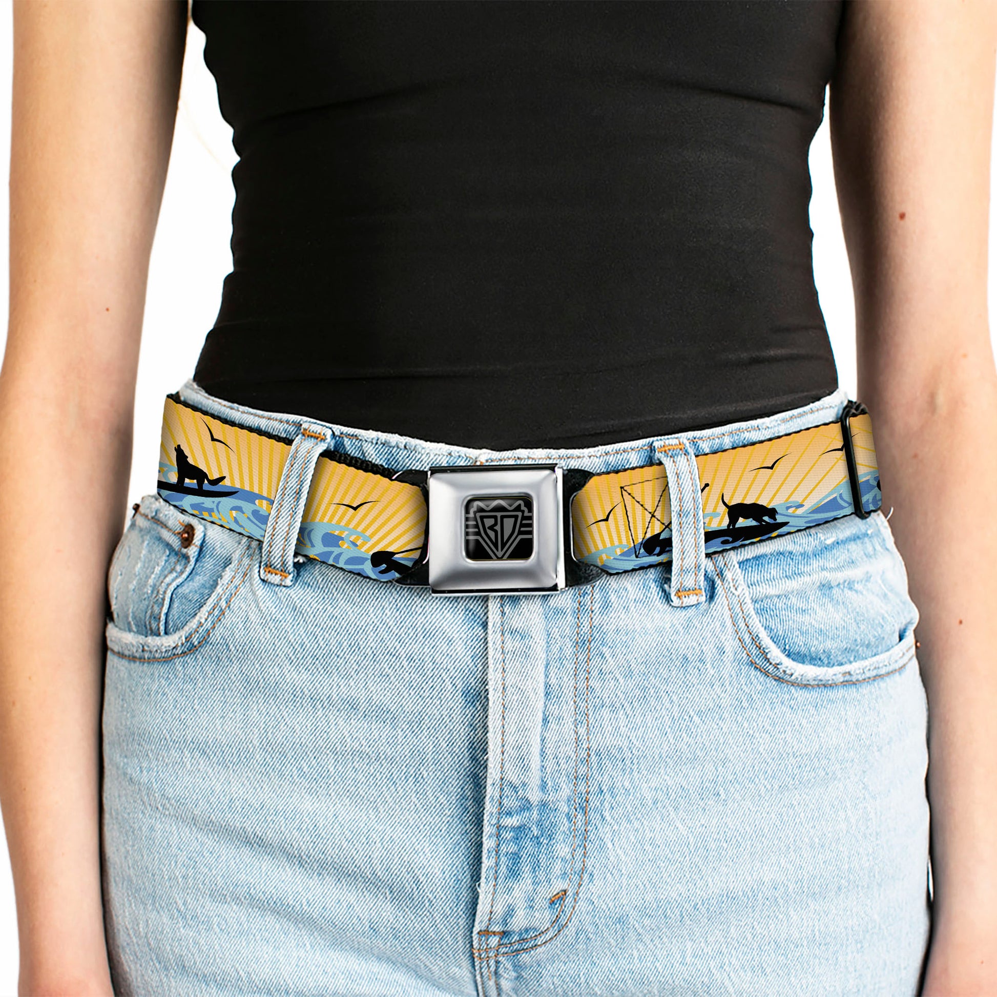 BD Wings Logo CLOSE-UP Black/Silver Seatbelt Belt - SUP w/Dog Yellows/Blues/Black Webbing Seatbelt Belts Buckle-Down