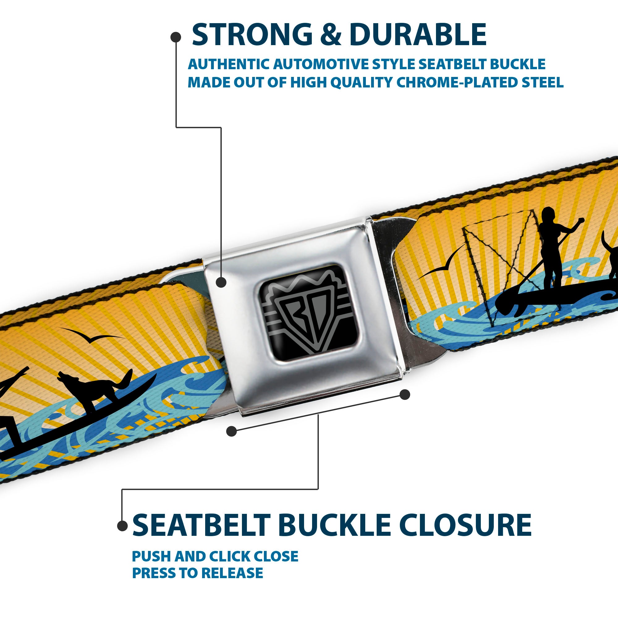 BD Wings Logo CLOSE-UP Black/Silver Seatbelt Belt - SUP w/Dog Yellows/Blues/Black Webbing Seatbelt Belts Buckle-Down
