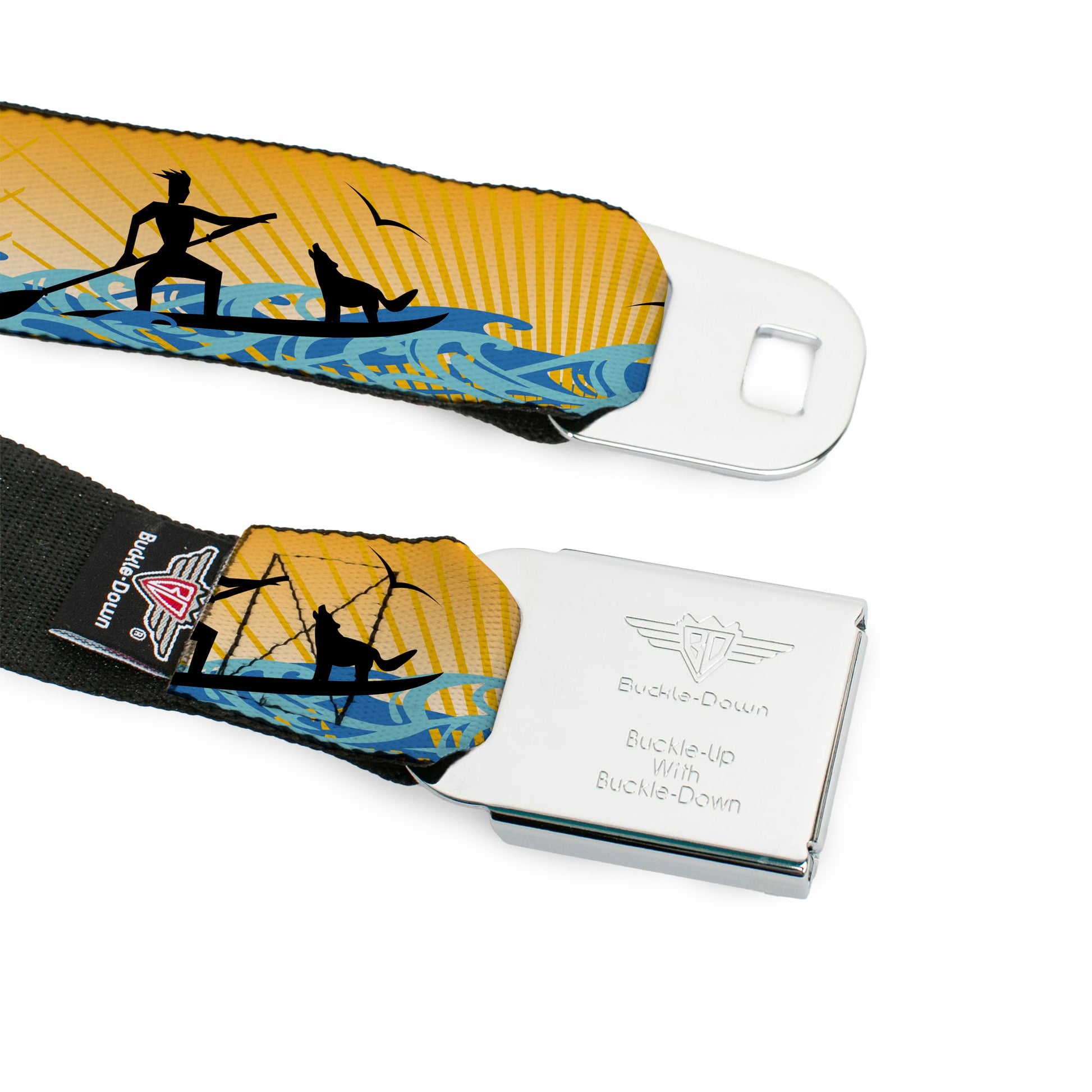 BD Wings Logo CLOSE-UP Black/Silver Seatbelt Belt - SUP w/Dog Yellows/Blues/Black Webbing Seatbelt Belts Buckle-Down