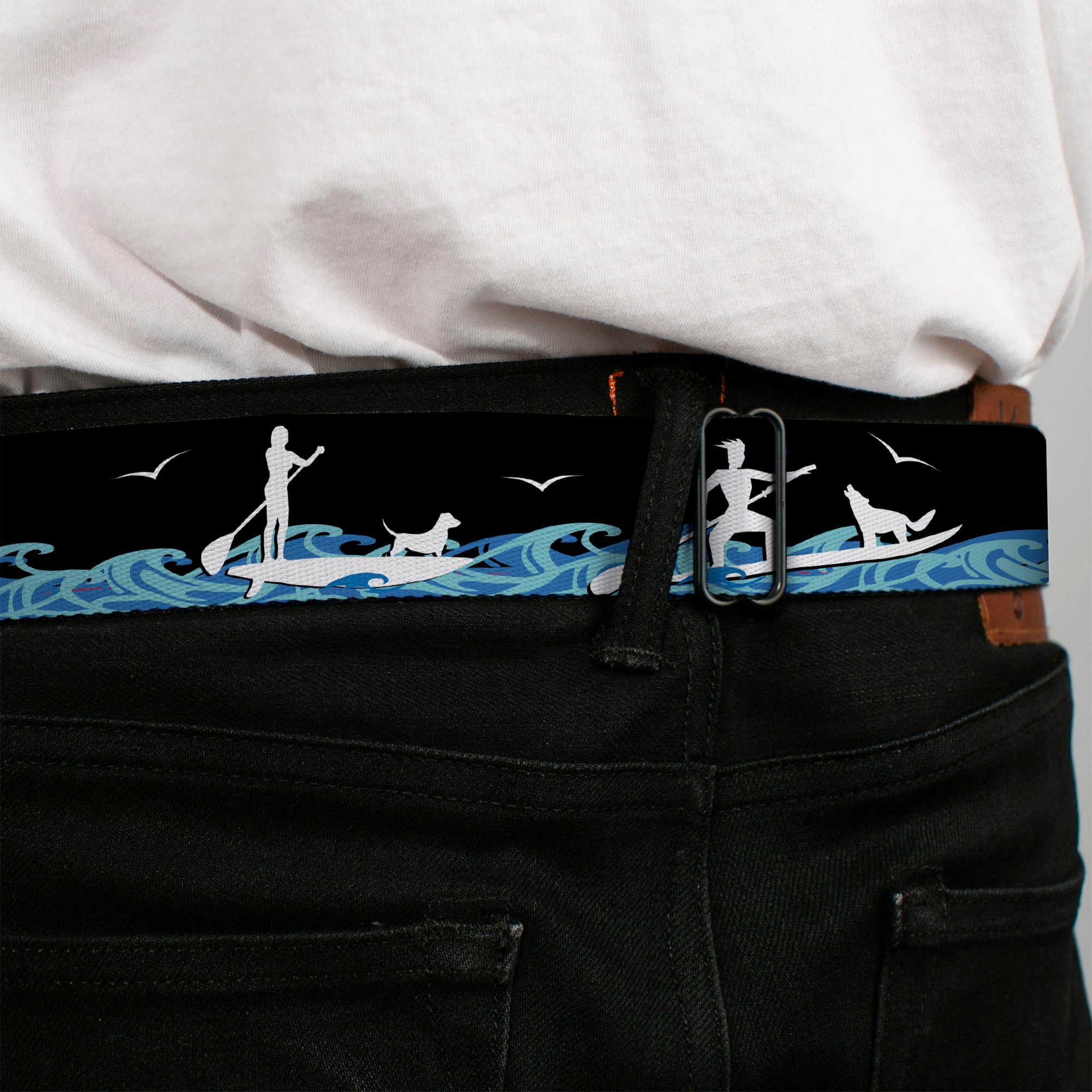 BD Wings Logo CLOSE-UP Black/Silver Seatbelt Belt - SUP w/Dog Black/Blues/White Webbing Seatbelt Belts Buckle-Down