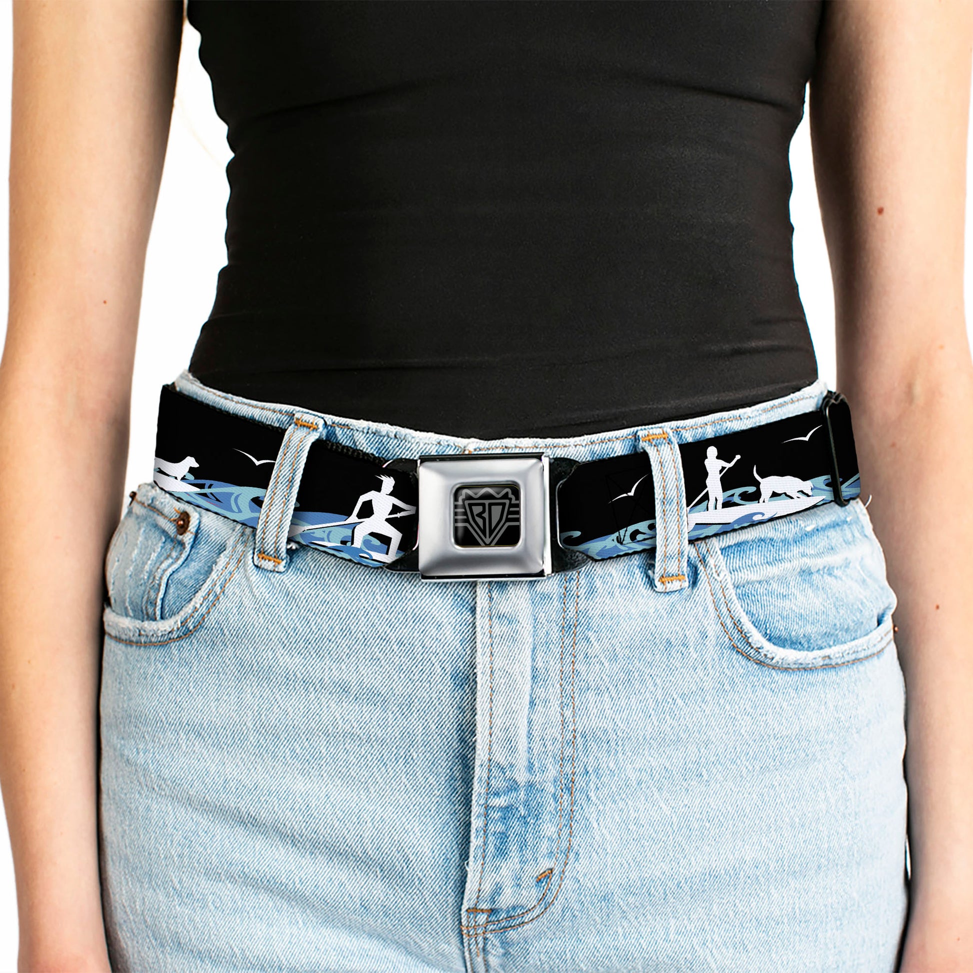 BD Wings Logo CLOSE-UP Black/Silver Seatbelt Belt - SUP w/Dog Black/Blues/White Webbing Seatbelt Belts Buckle-Down