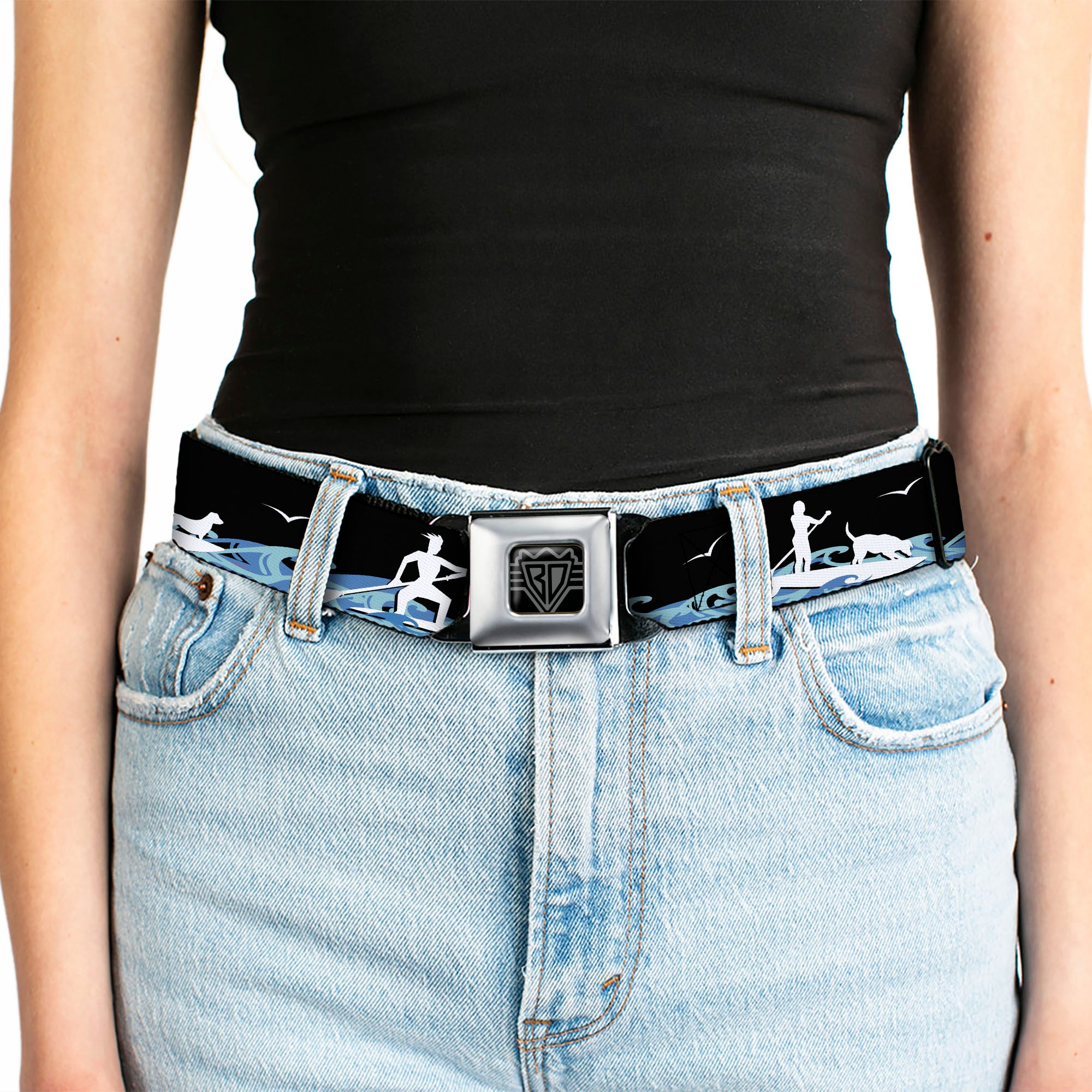 BD Wings Logo CLOSE-UP Black/Silver Seatbelt Belt - SUP w/Dog Black/Blues/White Webbing Seatbelt Belts Buckle-Down