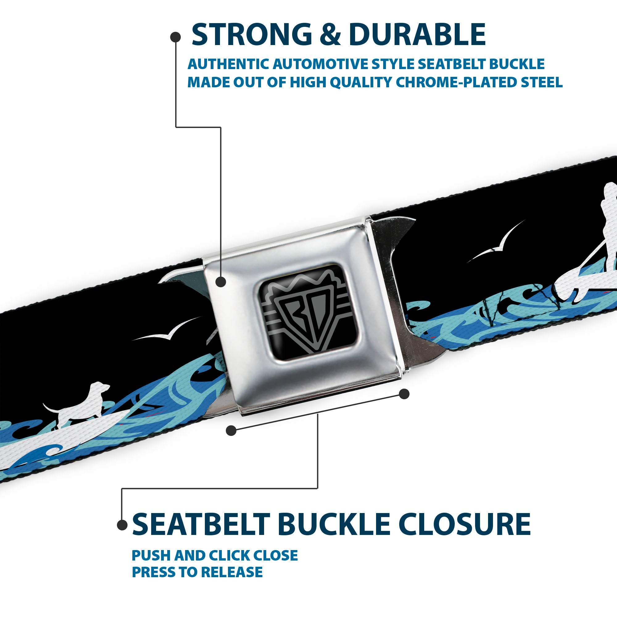 BD Wings Logo CLOSE-UP Black/Silver Seatbelt Belt - SUP w/Dog Black/Blues/White Webbing Seatbelt Belts Buckle-Down