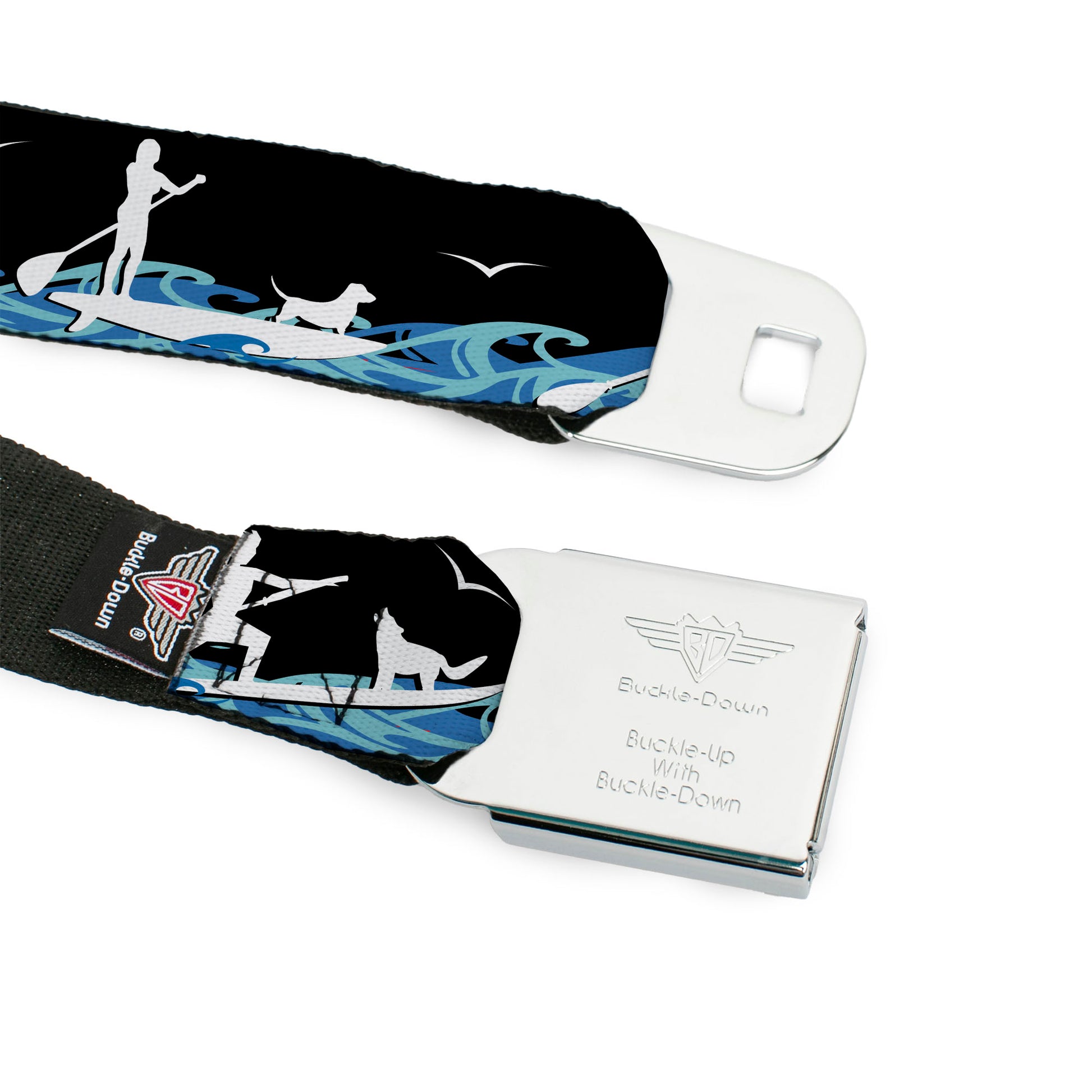 BD Wings Logo CLOSE-UP Black/Silver Seatbelt Belt - SUP w/Dog Black/Blues/White Webbing Seatbelt Belts Buckle-Down