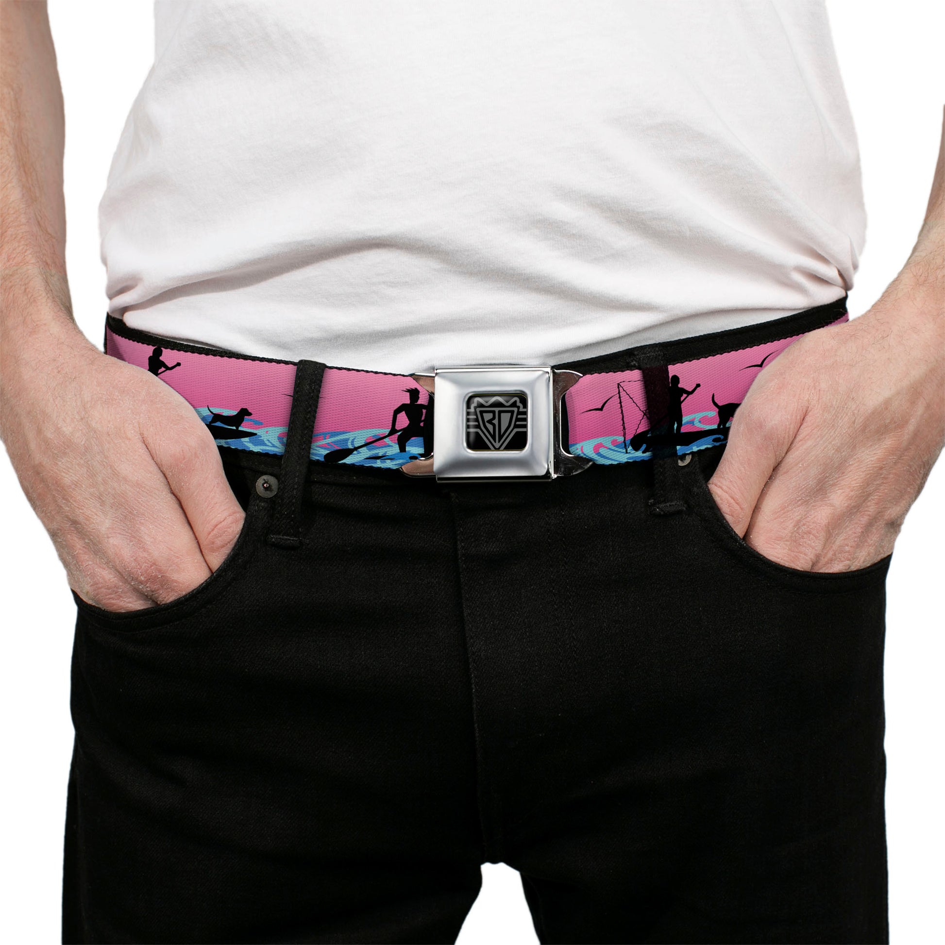 BD Wings Logo CLOSE-UP Black/Silver Seatbelt Belt - SUP w/Dog Pink/Blues/Black Webbing Seatbelt Belts Buckle-Down