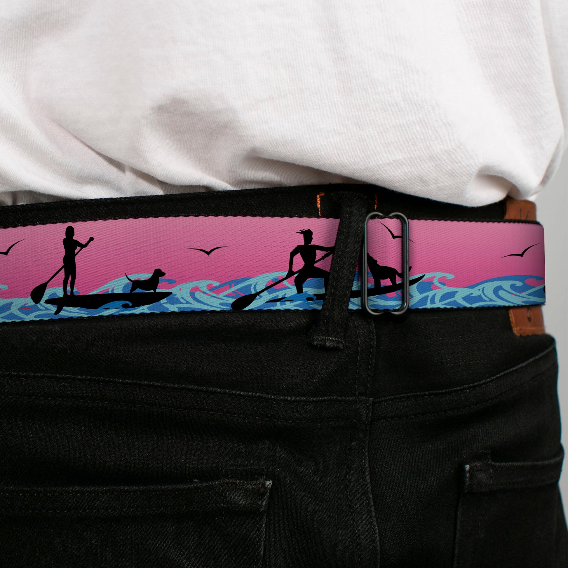 BD Wings Logo CLOSE-UP Black/Silver Seatbelt Belt - SUP w/Dog Pink/Blues/Black Webbing Seatbelt Belts Buckle-Down