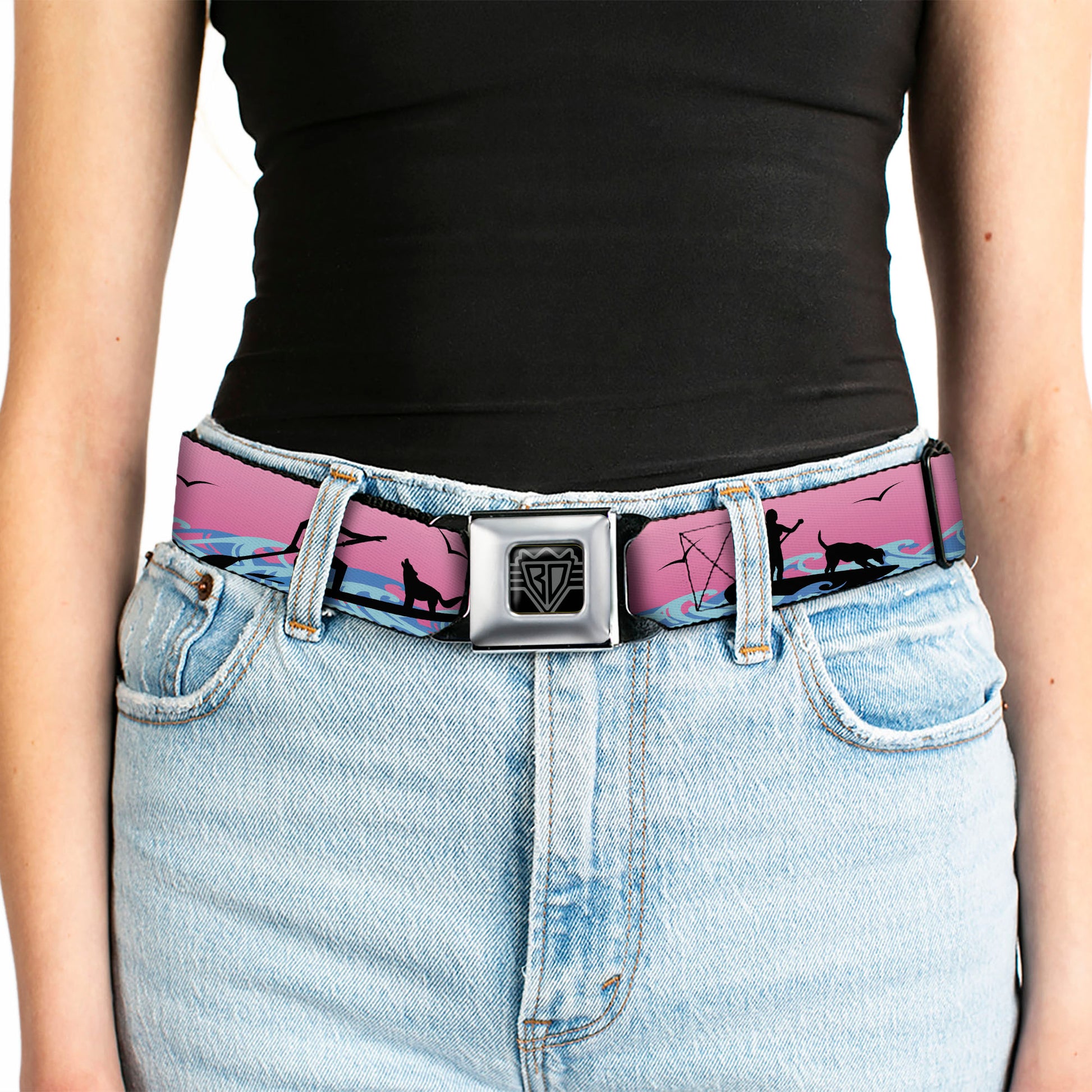 BD Wings Logo CLOSE-UP Black/Silver Seatbelt Belt - SUP w/Dog Pink/Blues/Black Webbing Seatbelt Belts Buckle-Down