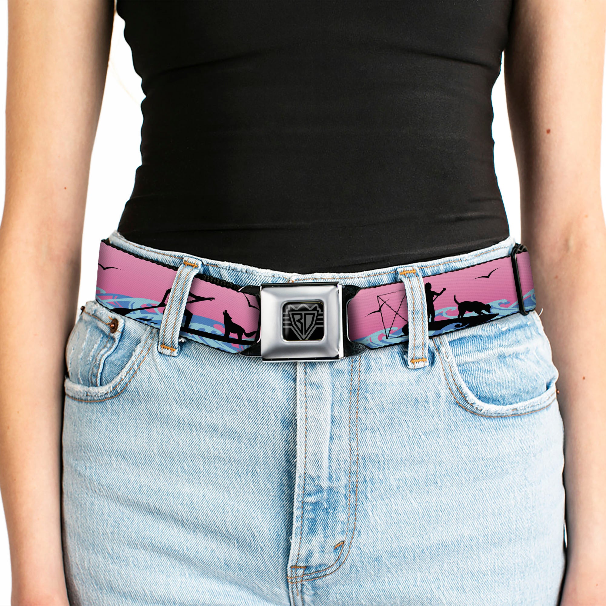 BD Wings Logo CLOSE-UP Black/Silver Seatbelt Belt - SUP w/Dog Pink/Blues/Black Webbing Seatbelt Belts Buckle-Down