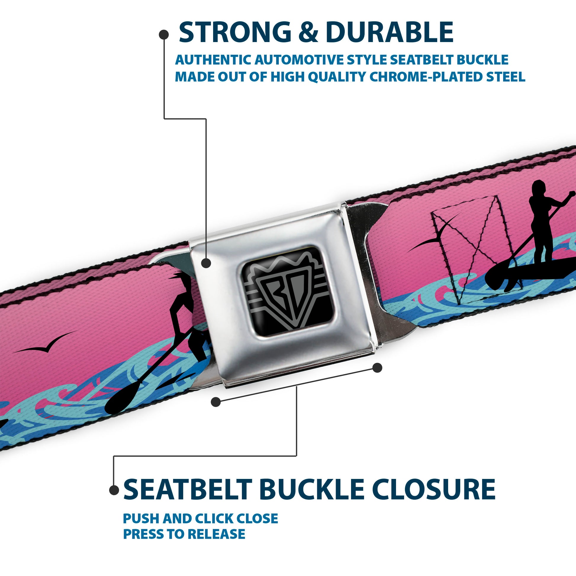 BD Wings Logo CLOSE-UP Black/Silver Seatbelt Belt - SUP w/Dog Pink/Blues/Black Webbing Seatbelt Belts Buckle-Down