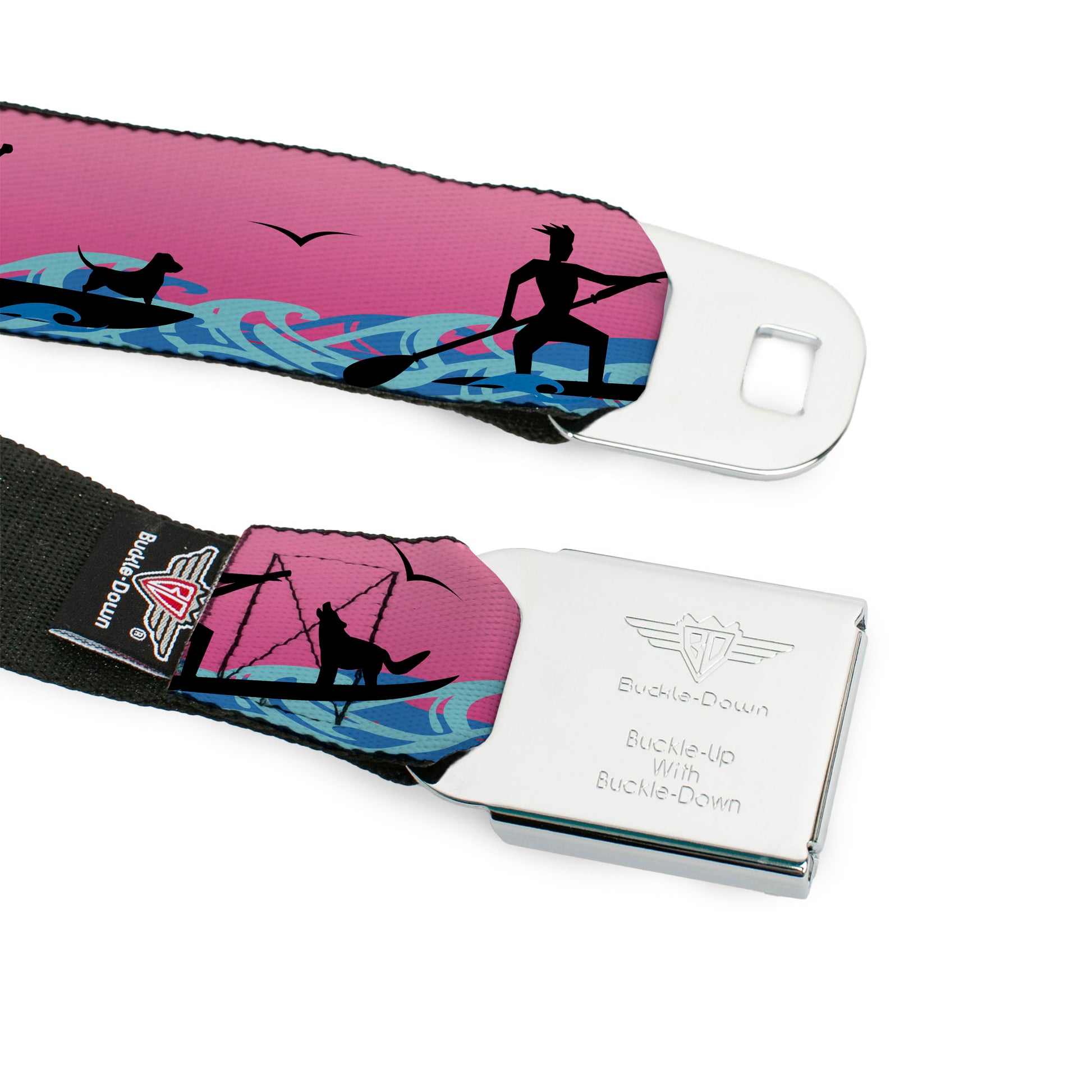 BD Wings Logo CLOSE-UP Black/Silver Seatbelt Belt - SUP w/Dog Pink/Blues/Black Webbing Seatbelt Belts Buckle-Down