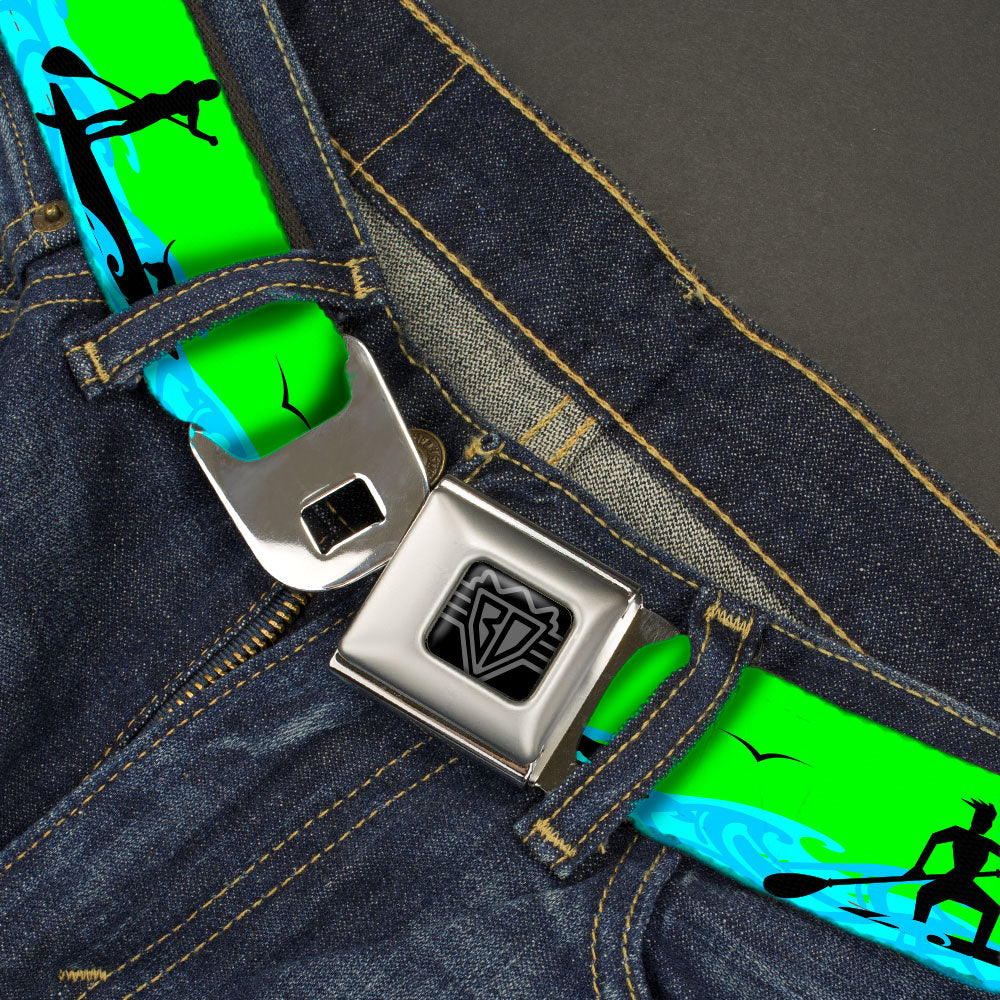 BD Wings Logo CLOSE-UP Black/Silver Seatbelt Belt - SUP w/Dog Neon Green/Blues/Black Webbing Seatbelt Belts Buckle-Down