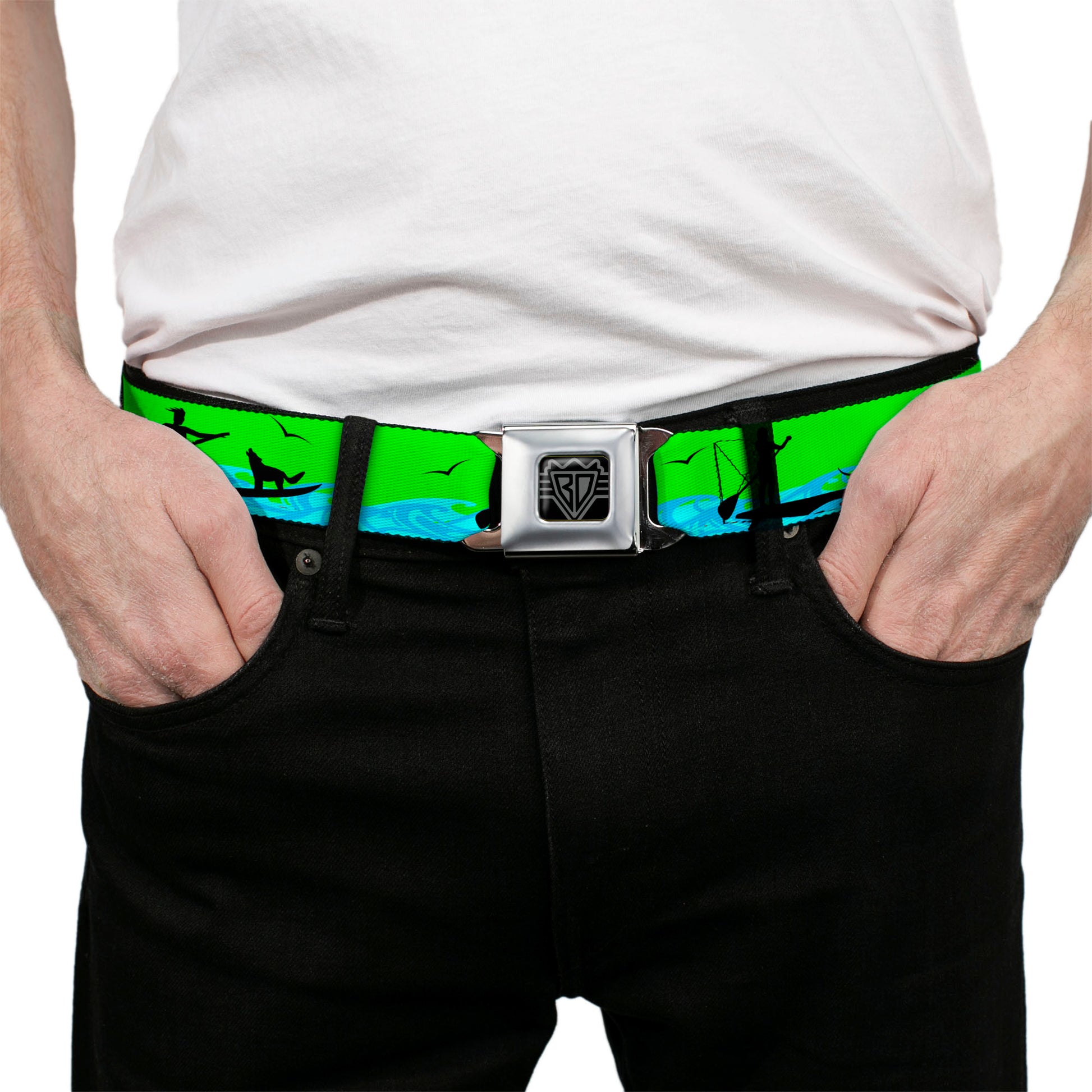 BD Wings Logo CLOSE-UP Black/Silver Seatbelt Belt - SUP w/Dog Neon Green/Blues/Black Webbing Seatbelt Belts Buckle-Down