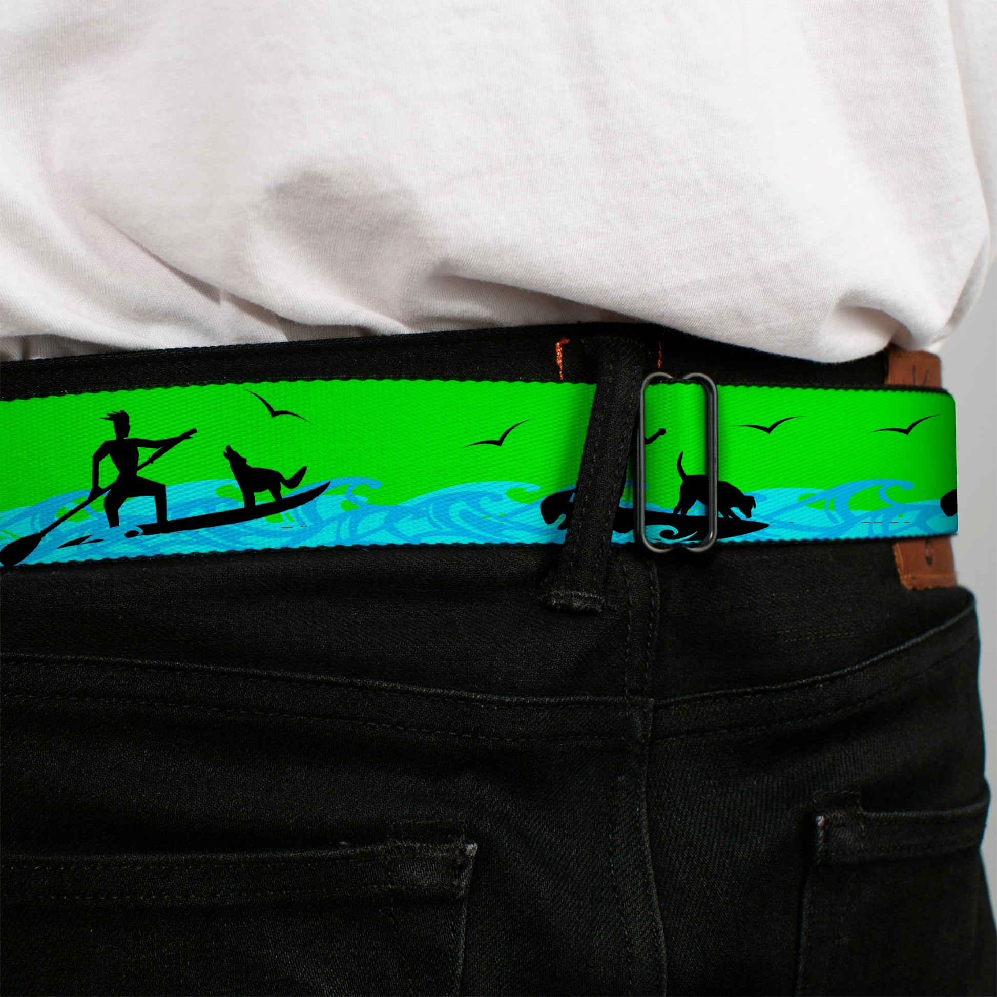BD Wings Logo CLOSE-UP Black/Silver Seatbelt Belt - SUP w/Dog Neon Green/Blues/Black Webbing Seatbelt Belts Buckle-Down