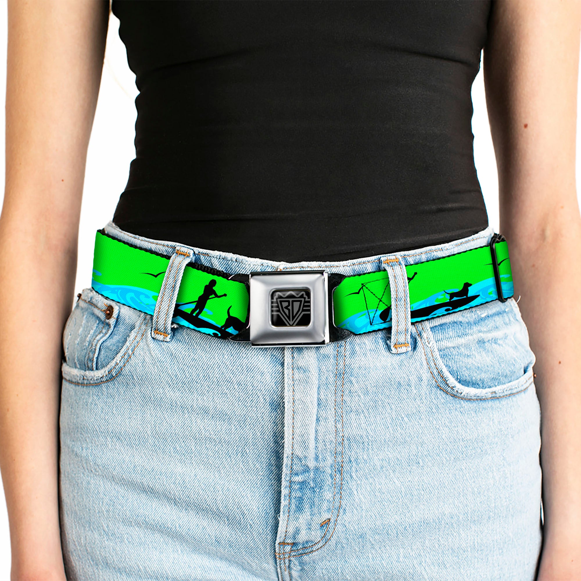 BD Wings Logo CLOSE-UP Black/Silver Seatbelt Belt - SUP w/Dog Neon Green/Blues/Black Webbing Seatbelt Belts Buckle-Down