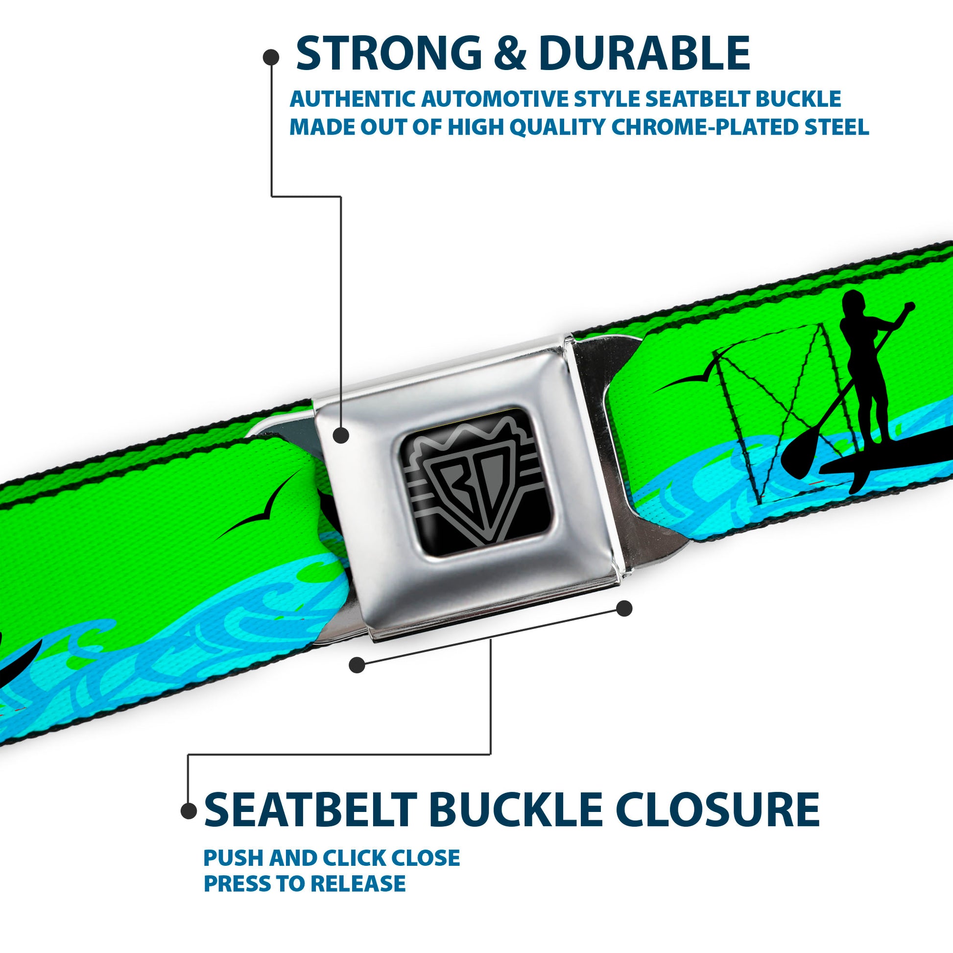 BD Wings Logo CLOSE-UP Black/Silver Seatbelt Belt - SUP w/Dog Neon Green/Blues/Black Webbing Seatbelt Belts Buckle-Down