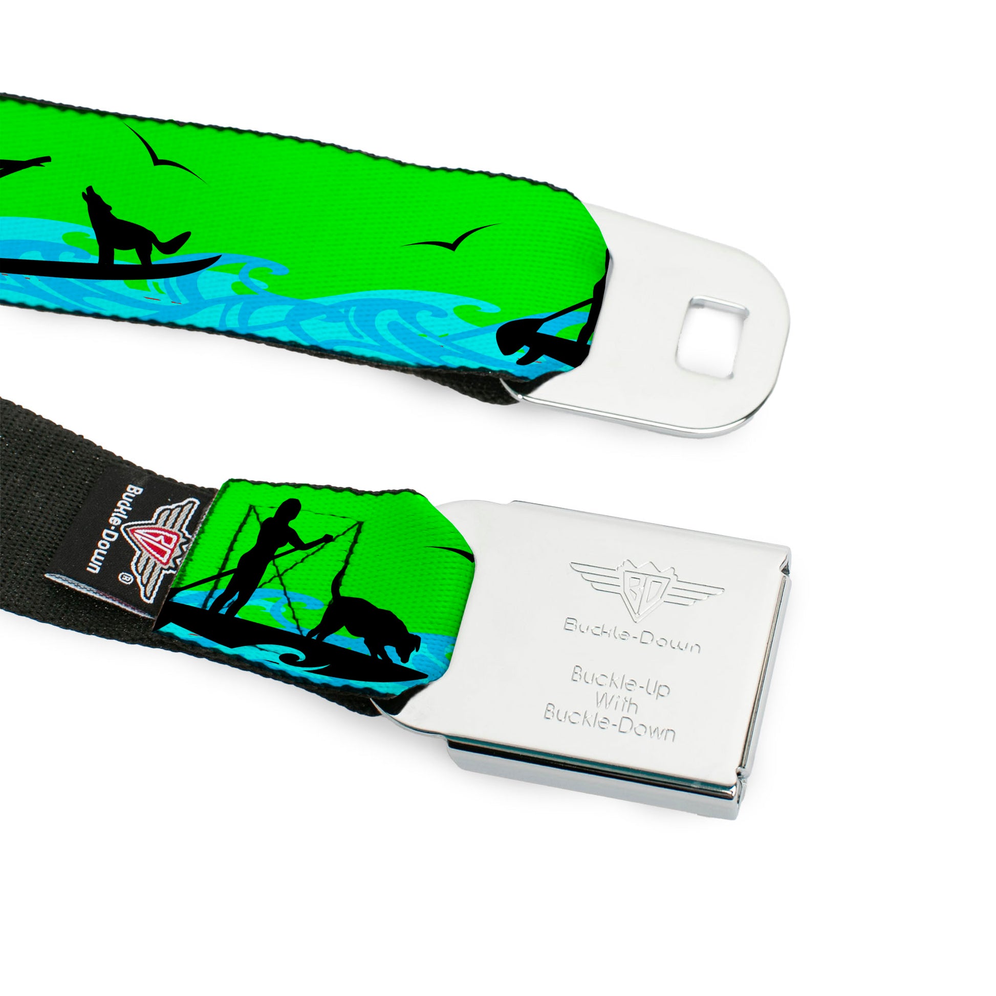 BD Wings Logo CLOSE-UP Black/Silver Seatbelt Belt - SUP w/Dog Neon Green/Blues/Black Webbing Seatbelt Belts Buckle-Down