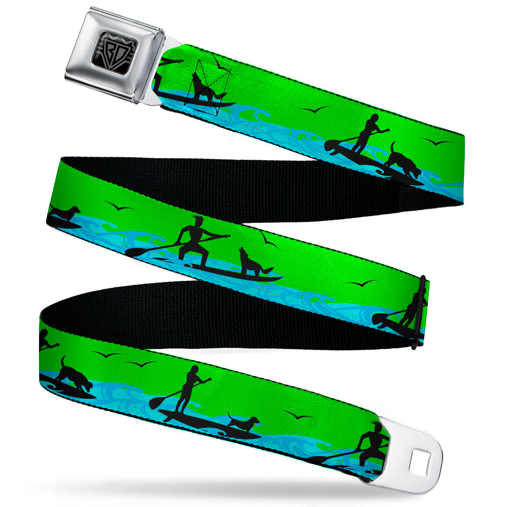 BD Wings Logo CLOSE-UP Black/Silver Seatbelt Belt - SUP w/Dog Neon Green/Blues/Black Webbing Seatbelt Belts Buckle-Down
