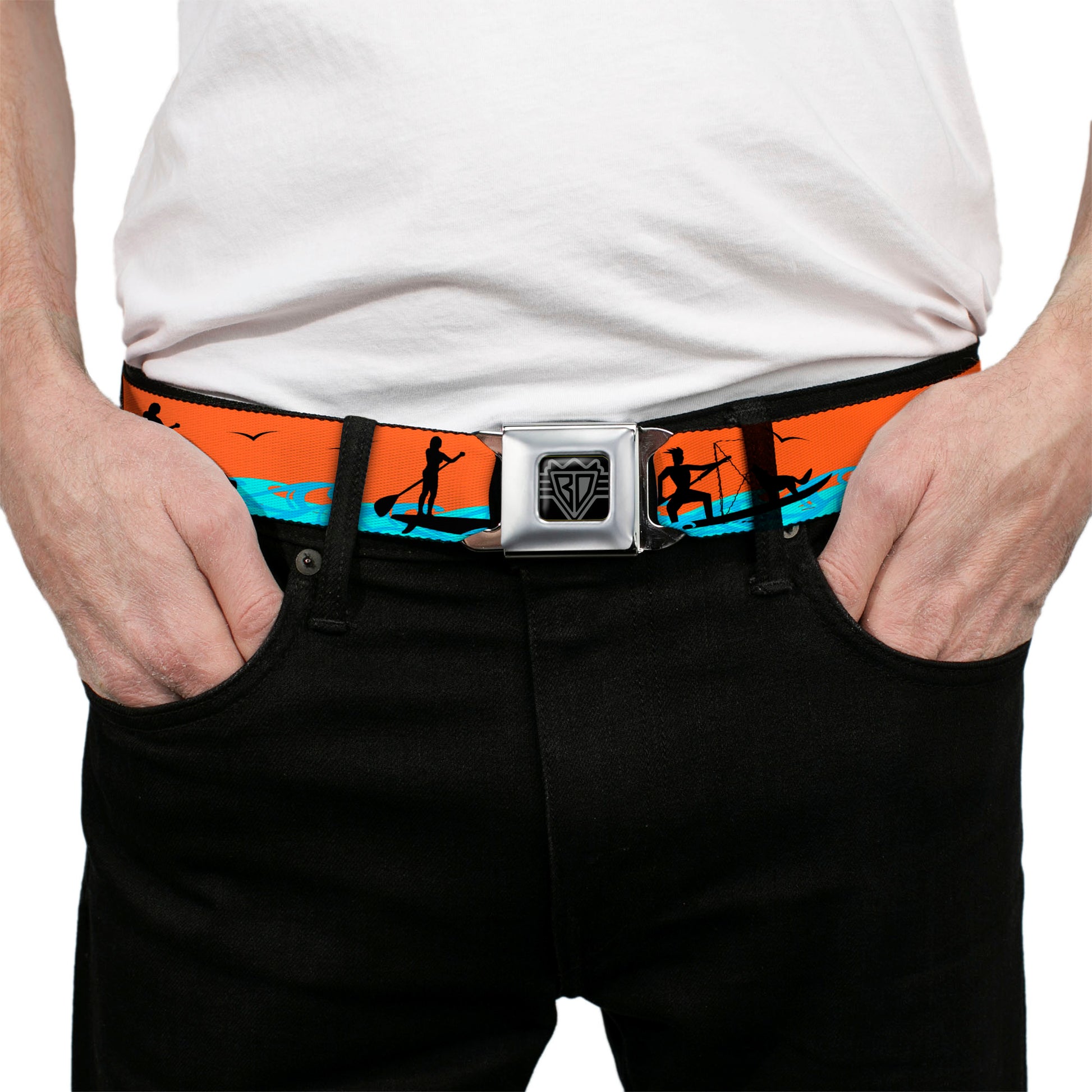 BD Wings Logo CLOSE-UP Black/Silver Seatbelt Belt - SUP w/Dog Neon Orange/Blues/Black Webbing Seatbelt Belts Buckle-Down