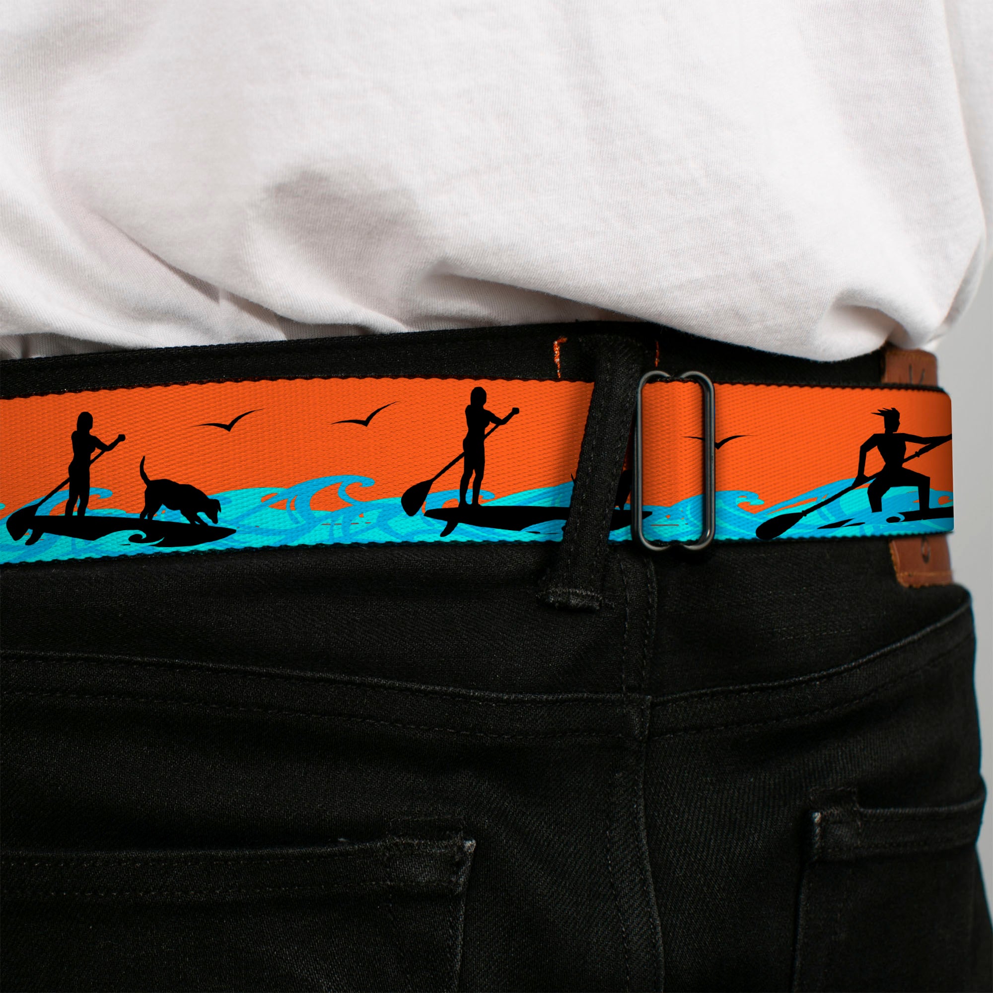 BD Wings Logo CLOSE-UP Black/Silver Seatbelt Belt - SUP w/Dog Neon Orange/Blues/Black Webbing Seatbelt Belts Buckle-Down