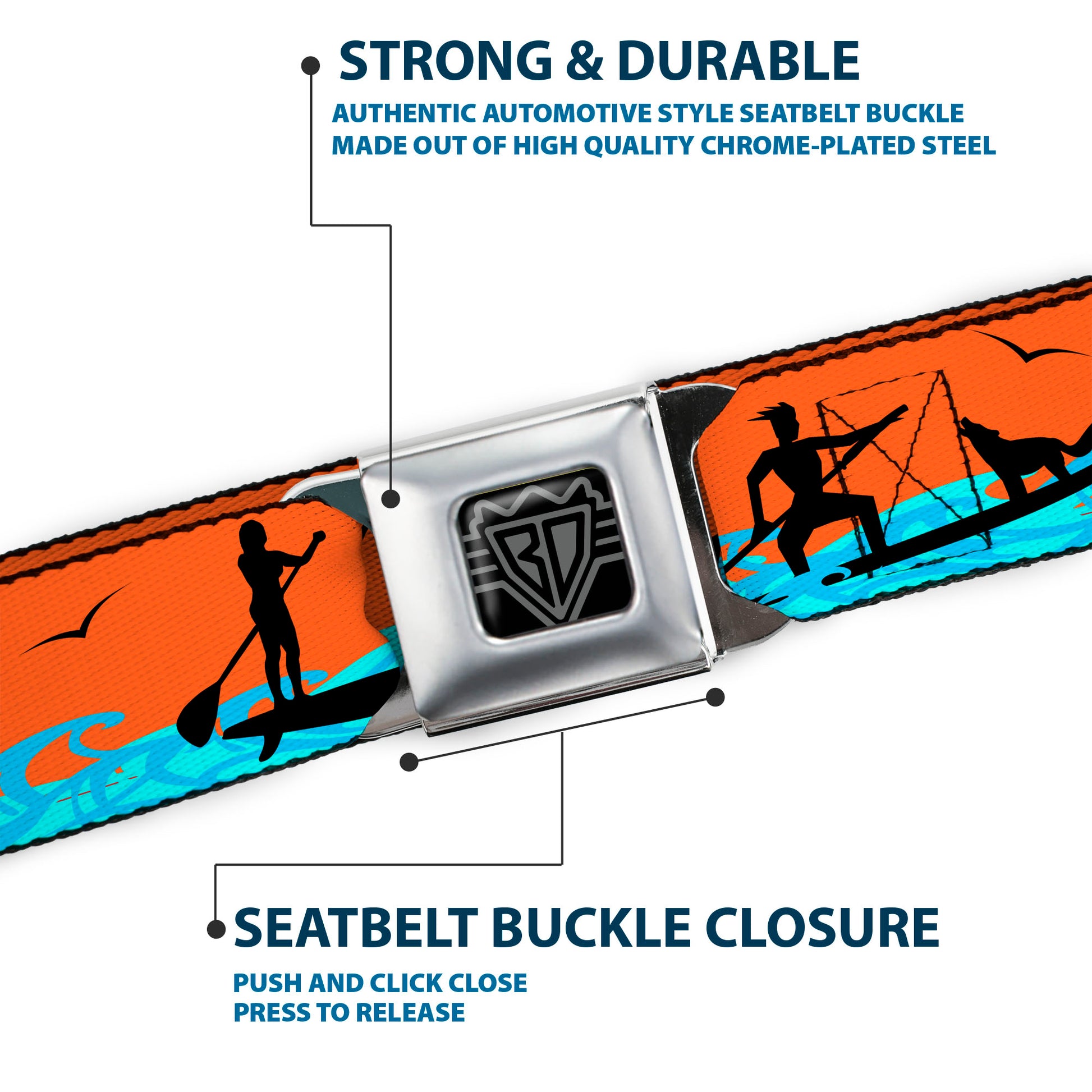 BD Wings Logo CLOSE-UP Black/Silver Seatbelt Belt - SUP w/Dog Neon Orange/Blues/Black Webbing Seatbelt Belts Buckle-Down