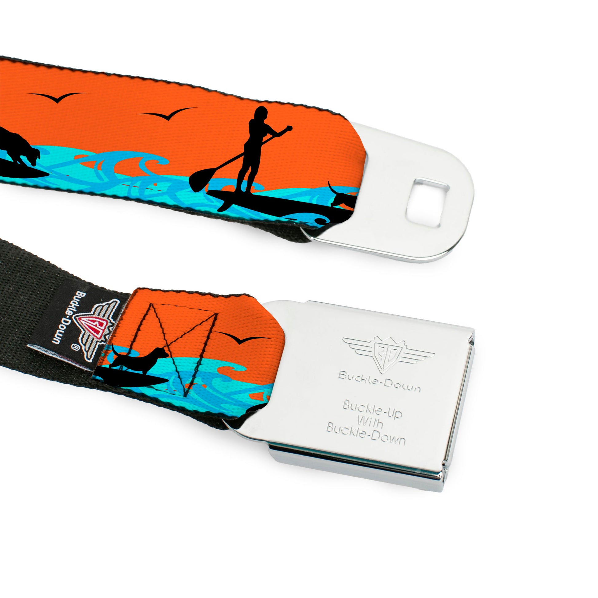BD Wings Logo CLOSE-UP Black/Silver Seatbelt Belt - SUP w/Dog Neon Orange/Blues/Black Webbing Seatbelt Belts Buckle-Down
