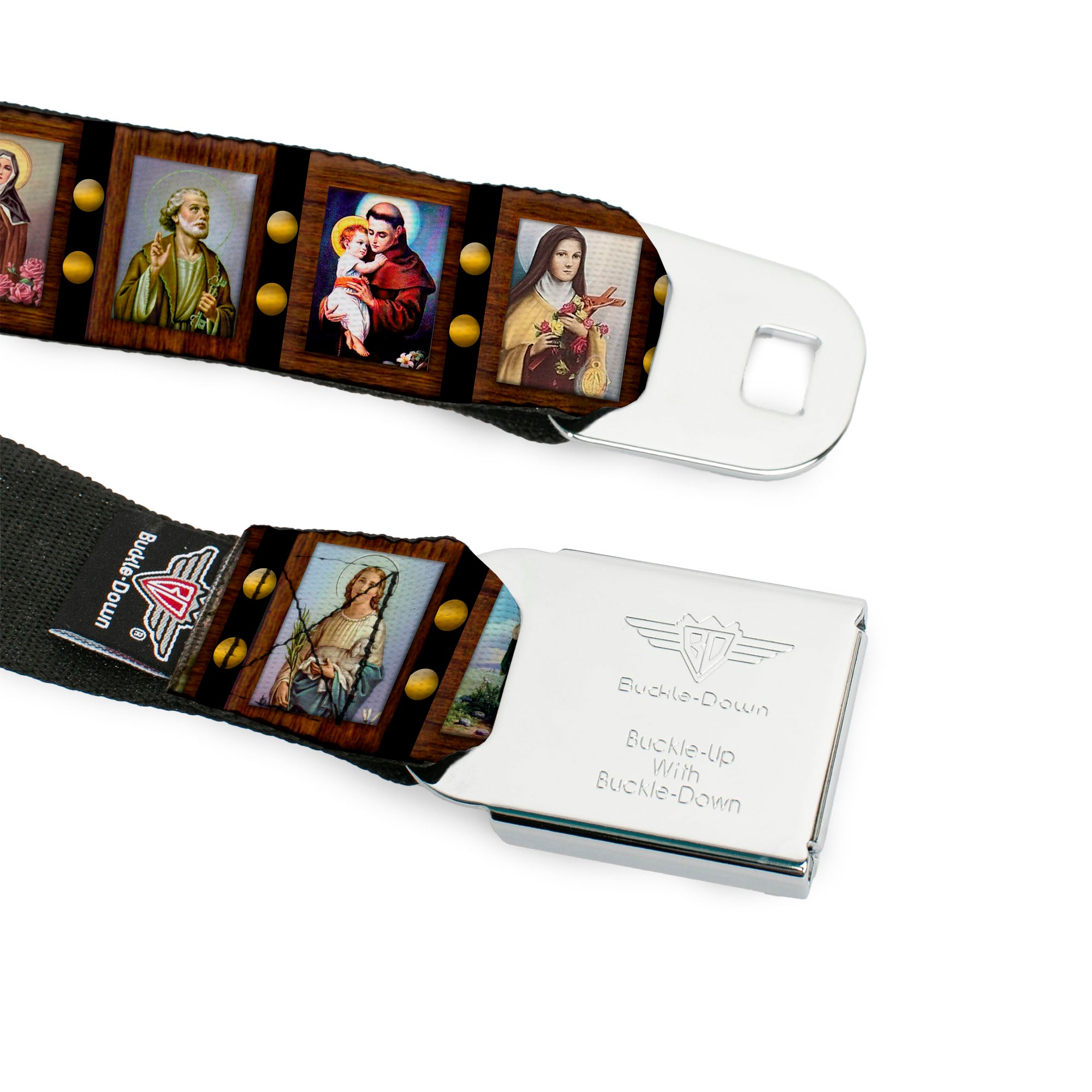 BD Wings Logo CLOSE-UP Full Color Black Silver Seatbelt Belt - Saint Blocks Webbing Seatbelt Belts Buckle-Down