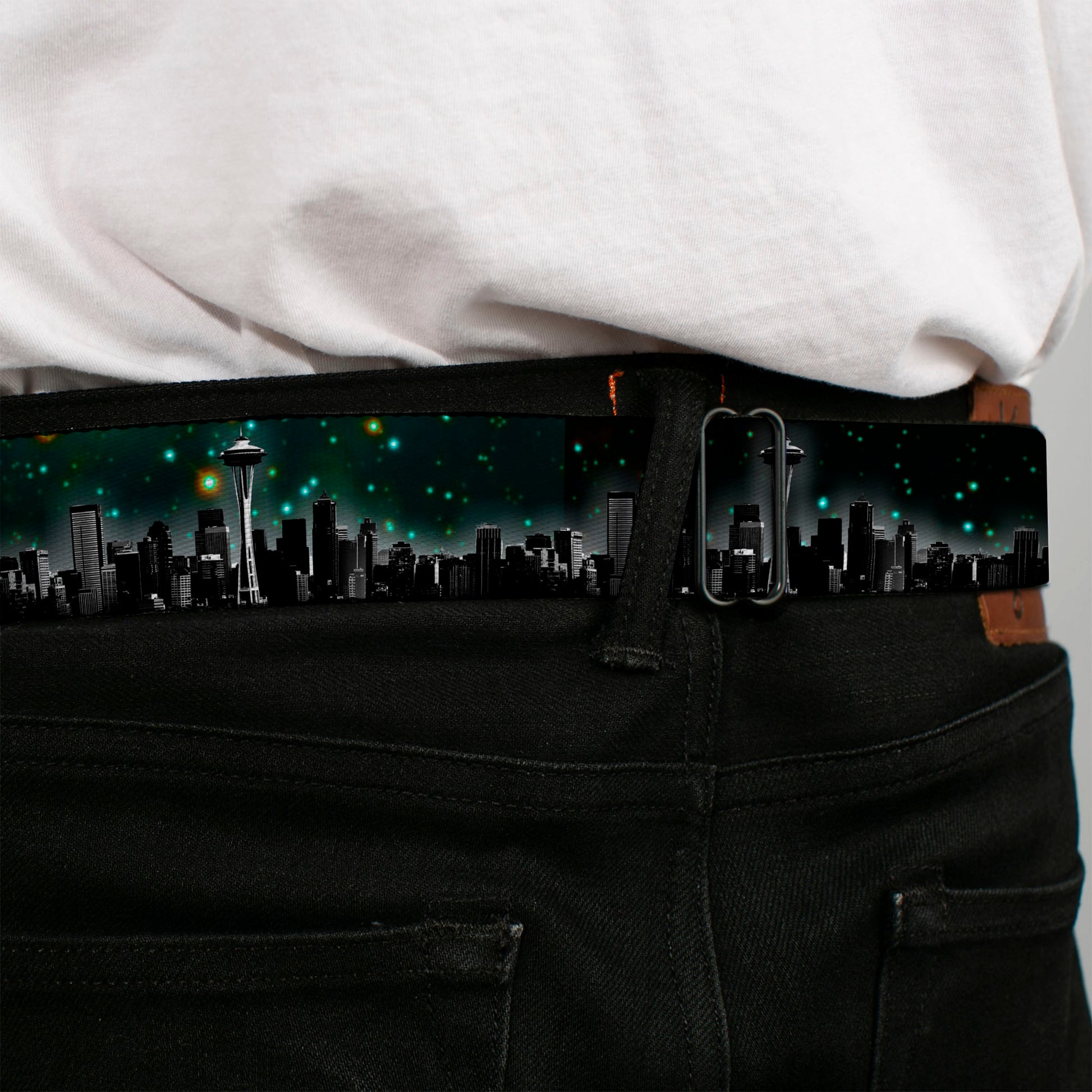 BD Wings Logo CLOSE-UP Full Color Black Silver Seatbelt Belt - Seattle Vivid Skyline/Space Dust Webbing Seatbelt Belts Buckle-Down