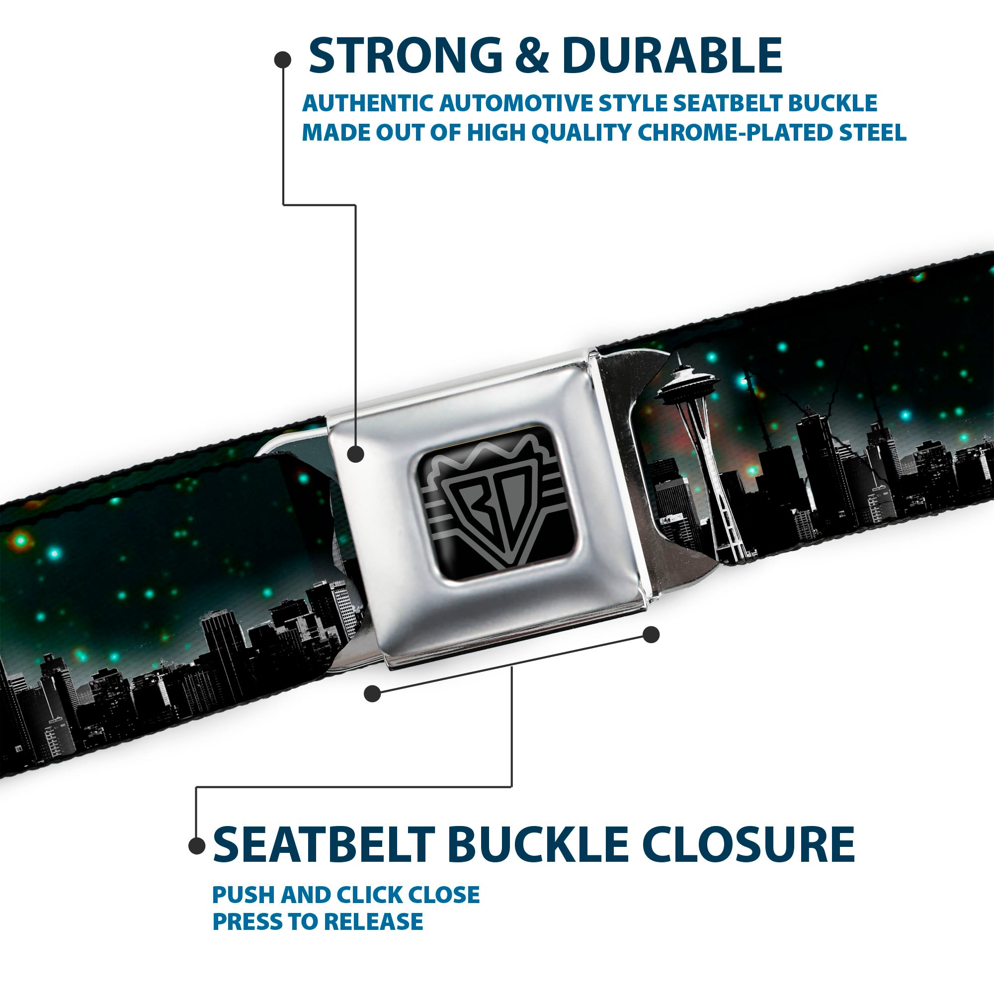 BD Wings Logo CLOSE-UP Full Color Black Silver Seatbelt Belt - Seattle Vivid Skyline/Space Dust Webbing Seatbelt Belts Buckle-Down