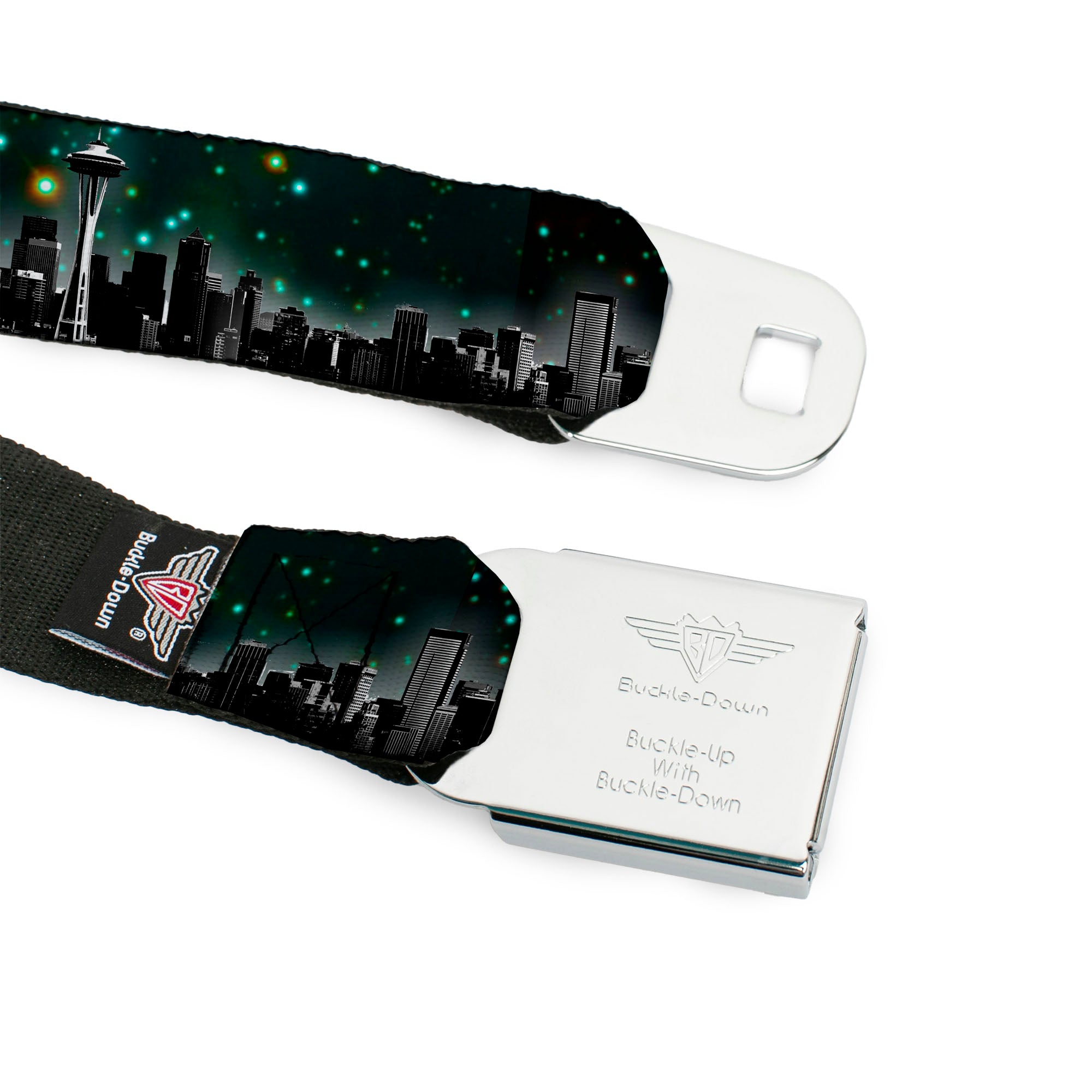 BD Wings Logo CLOSE-UP Full Color Black Silver Seatbelt Belt - Seattle Vivid Skyline/Space Dust Webbing Seatbelt Belts Buckle-Down