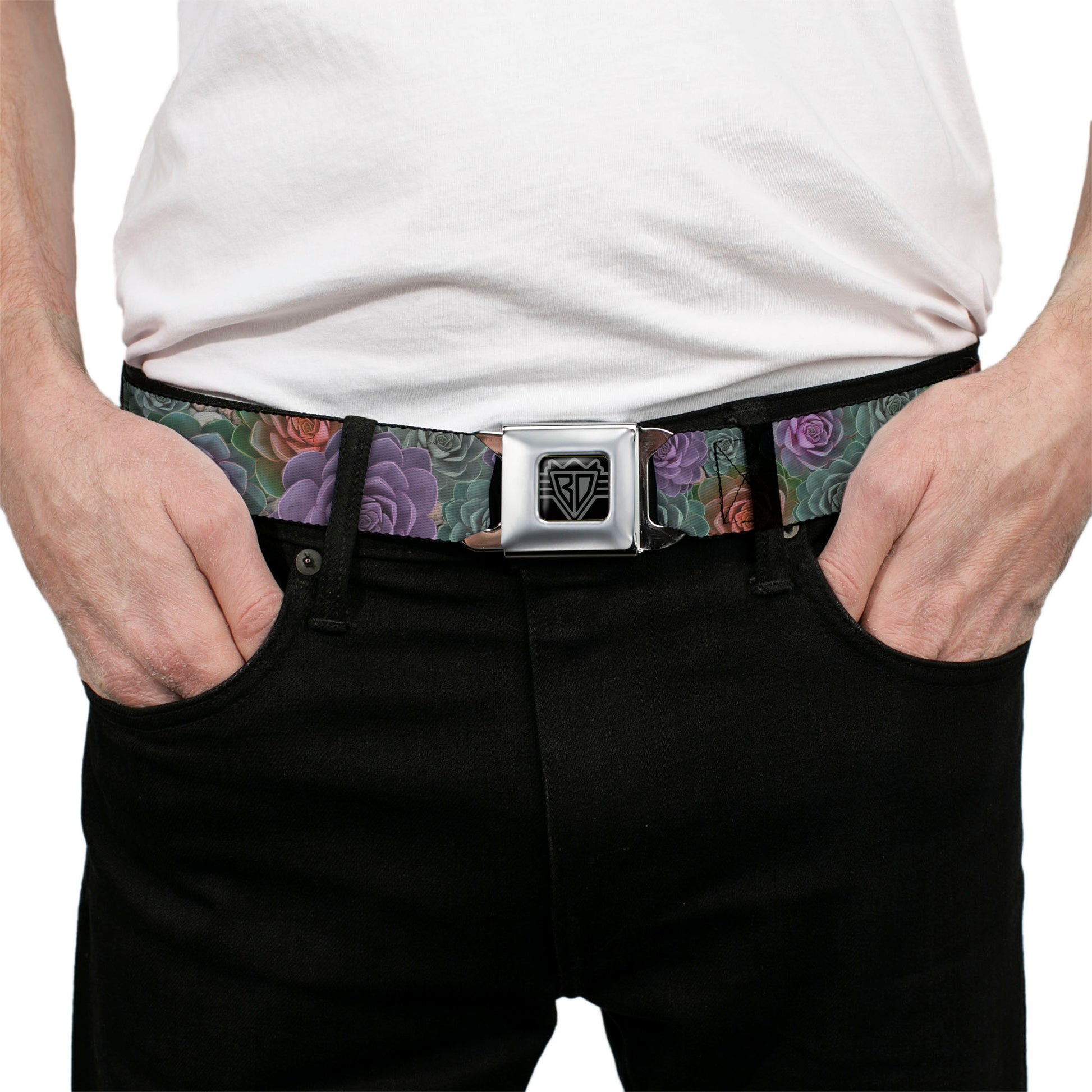 BD Wings Logo CLOSE-UP Full Color Black Silver Seatbelt Belt - Succulents Stacked Green/Pink/Orange Webbing Seatbelt Belts Buckle-Down