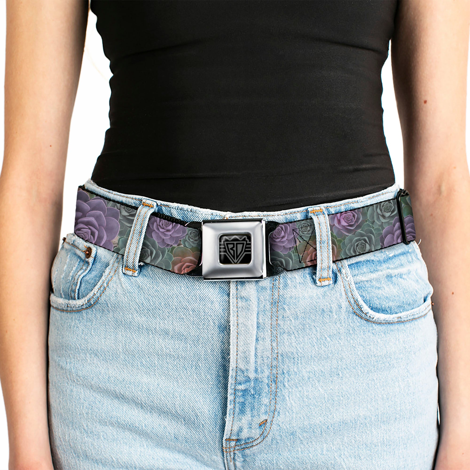 BD Wings Logo CLOSE-UP Full Color Black Silver Seatbelt Belt - Succulents Stacked Green/Pink/Orange Webbing Seatbelt Belts Buckle-Down
